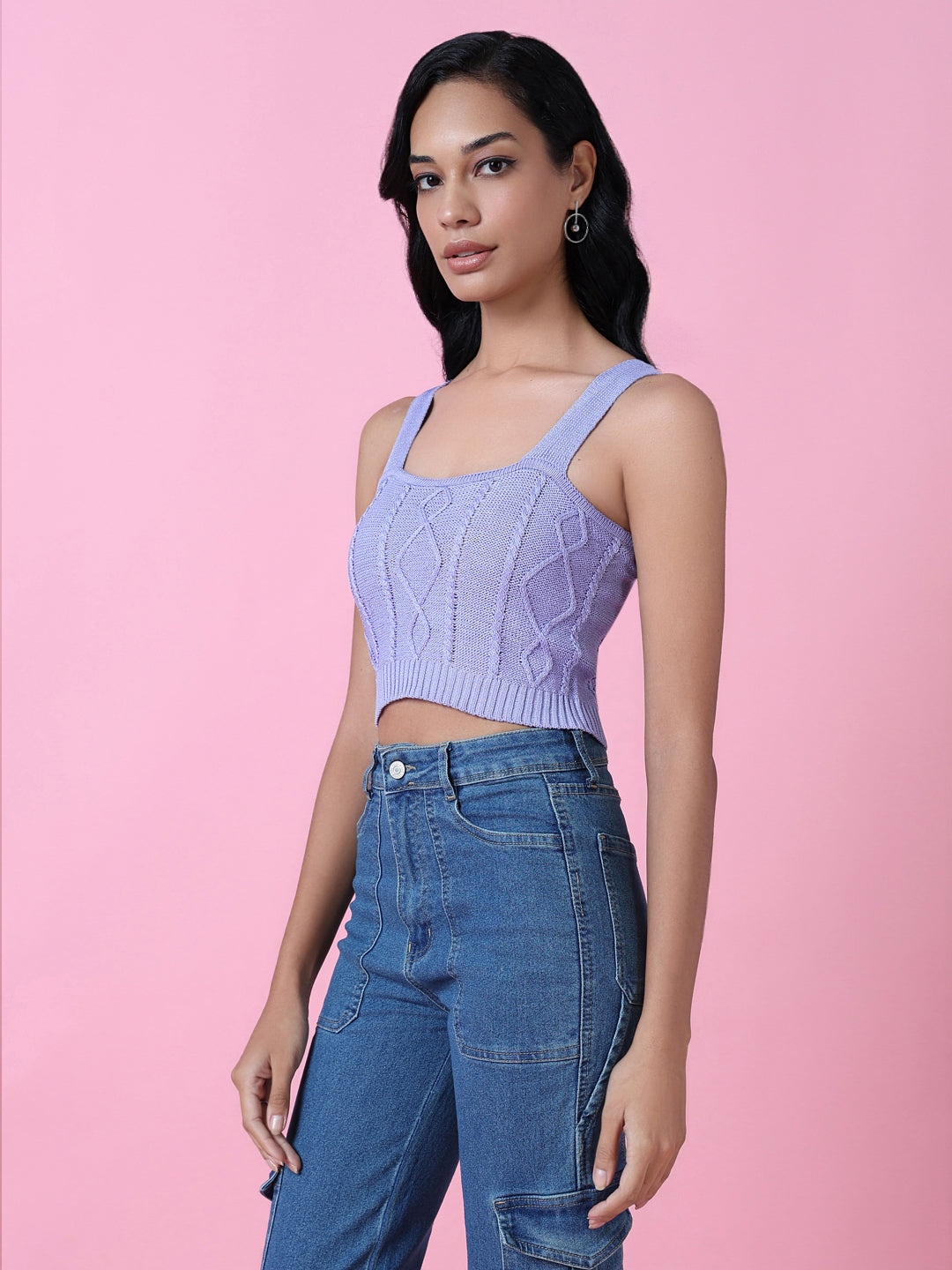 Women Lavender Solid Crochet Crop Top