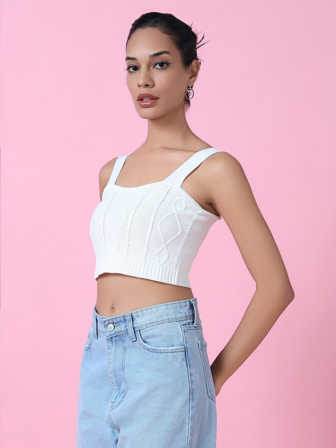 Women Off White Solid Crochet Crop Top