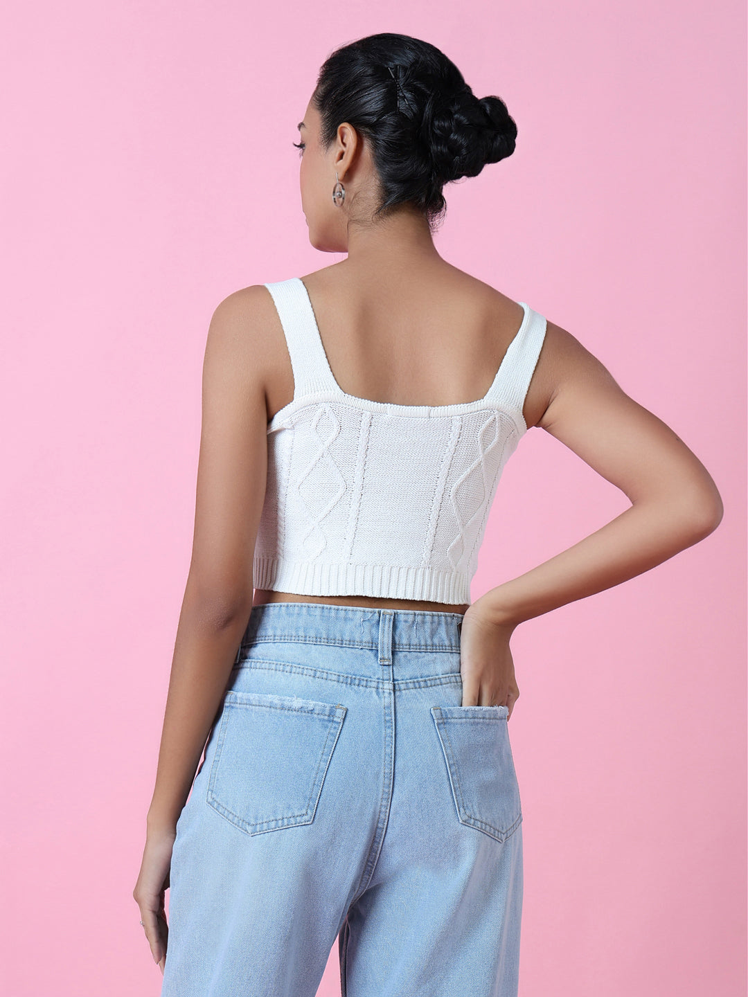 Women Off White Solid Crochet Crop Top