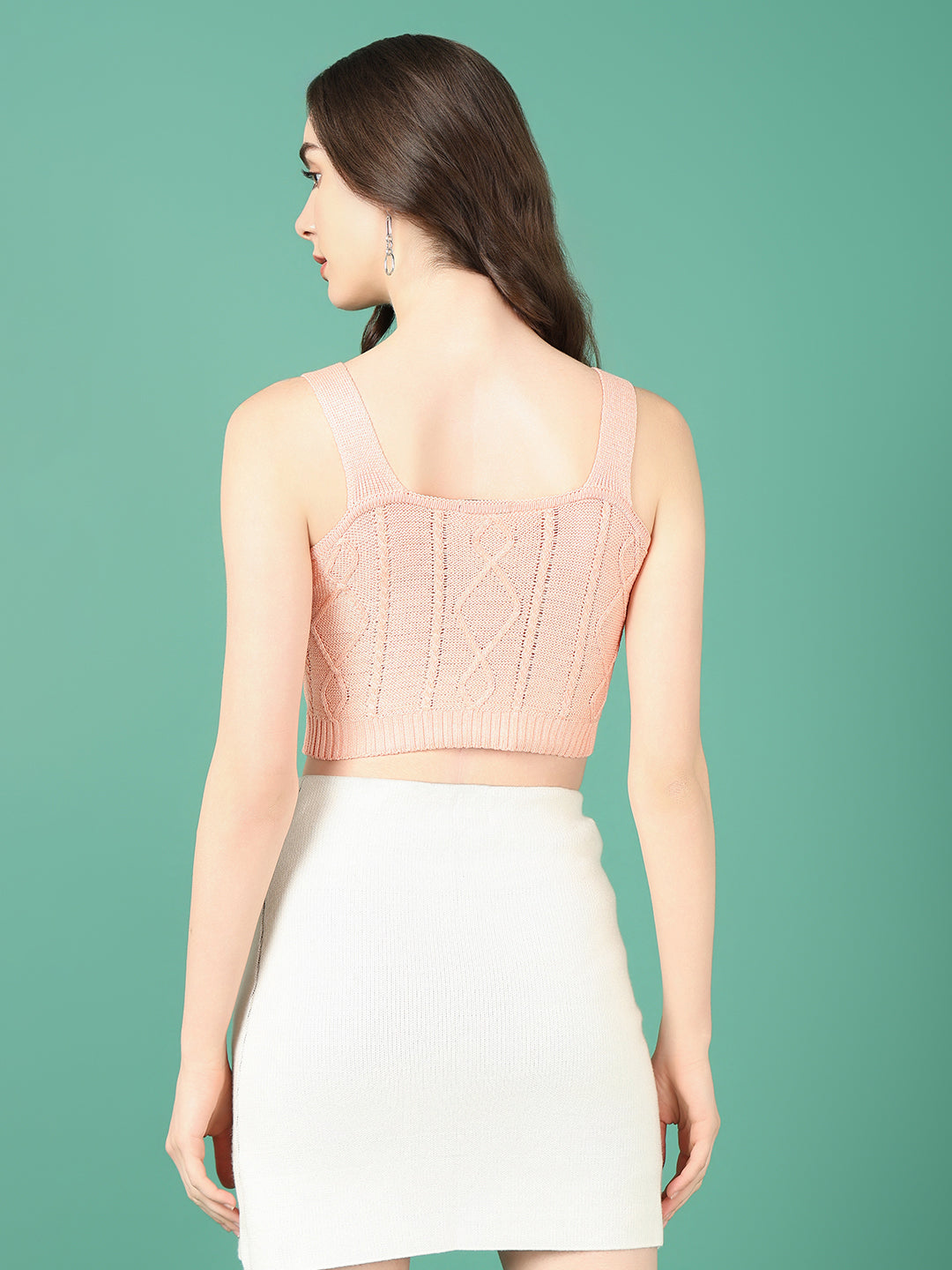 Women Peach Solid Crochet Crop Top