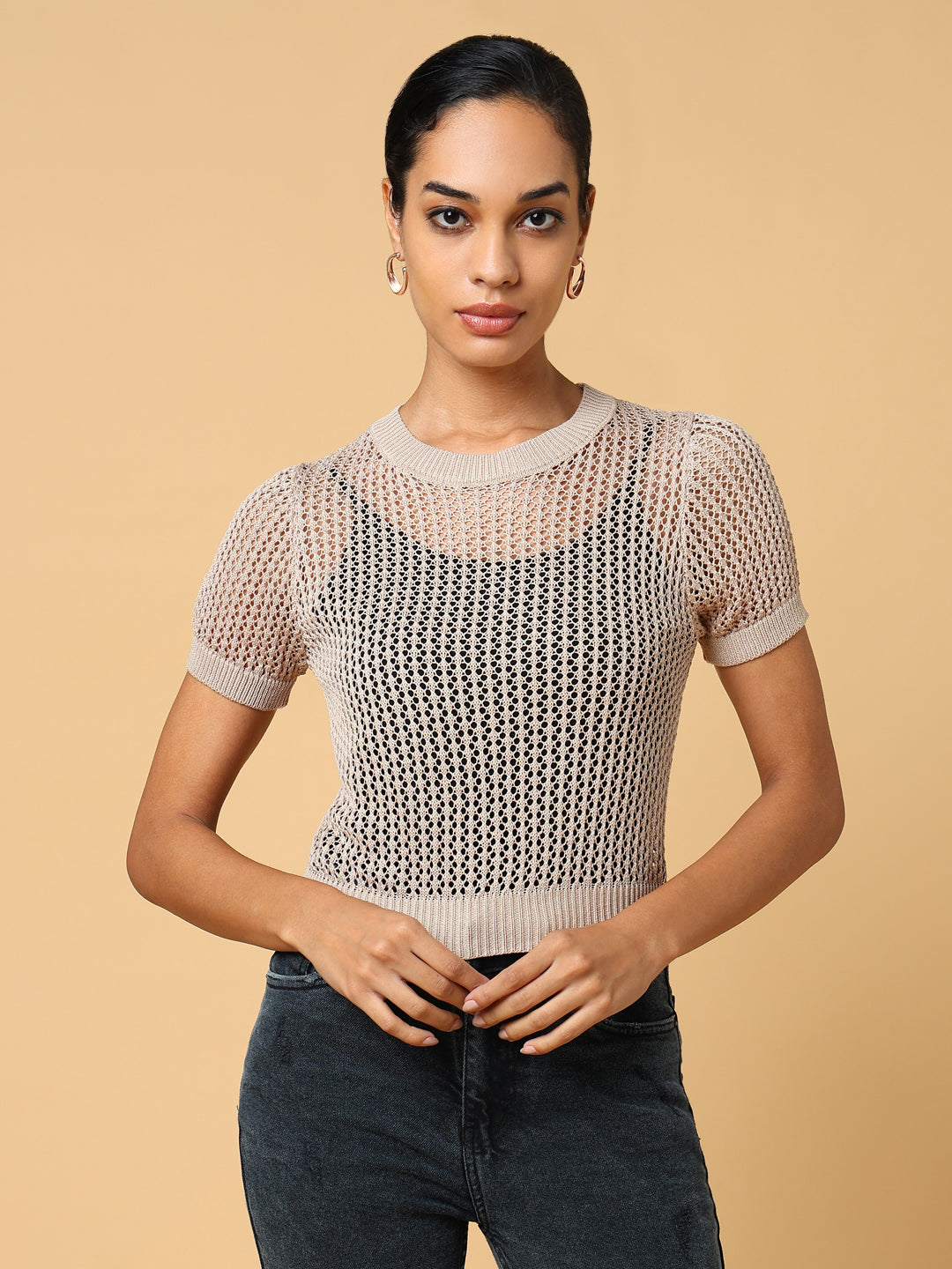 Women Beige Solid Crochet Top