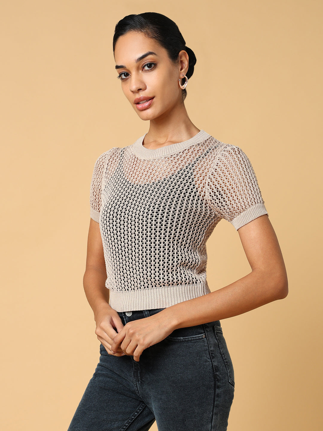 Women Beige Solid Crochet Top