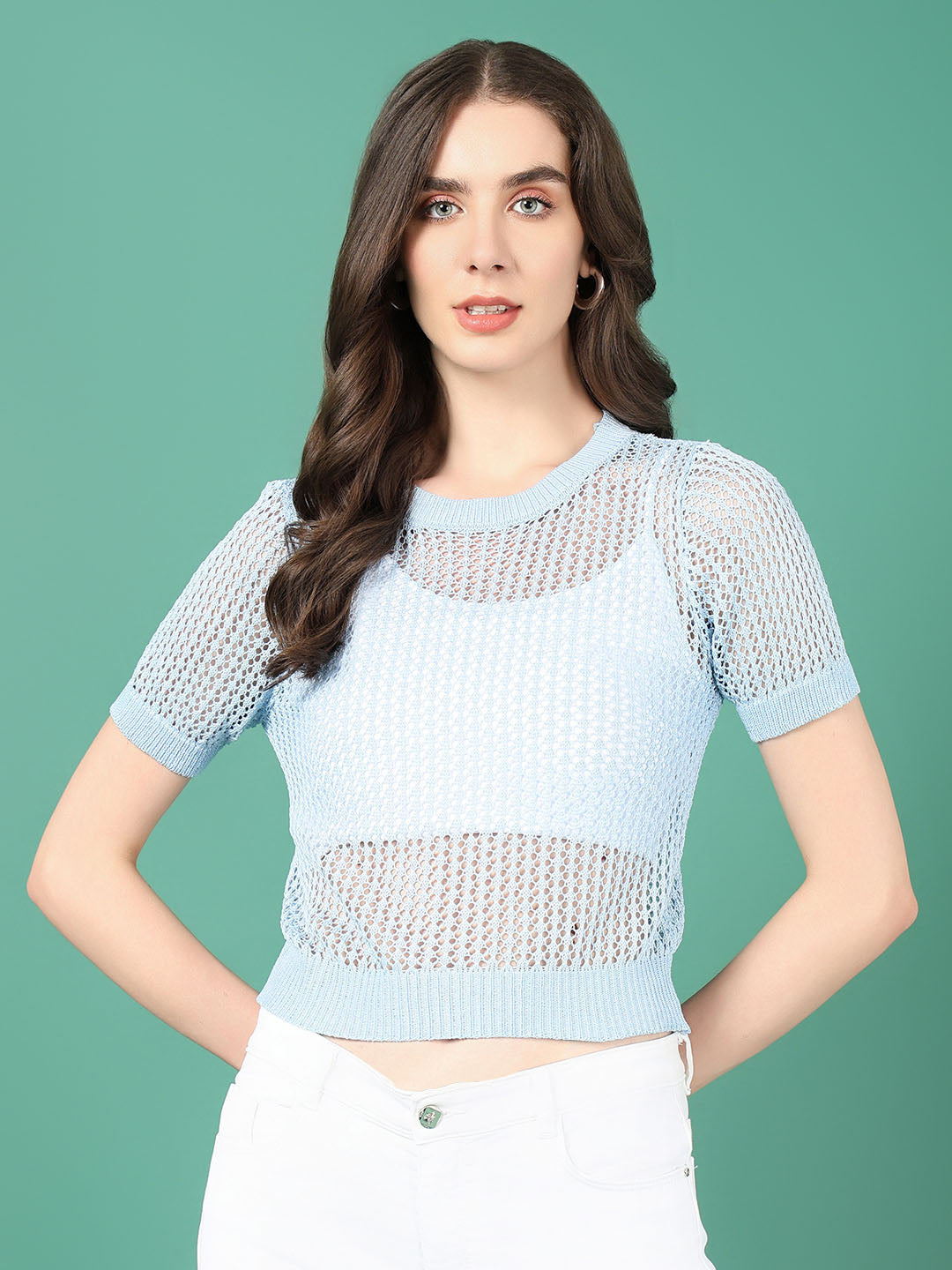 Women Blue Solid Crochet Crop Top