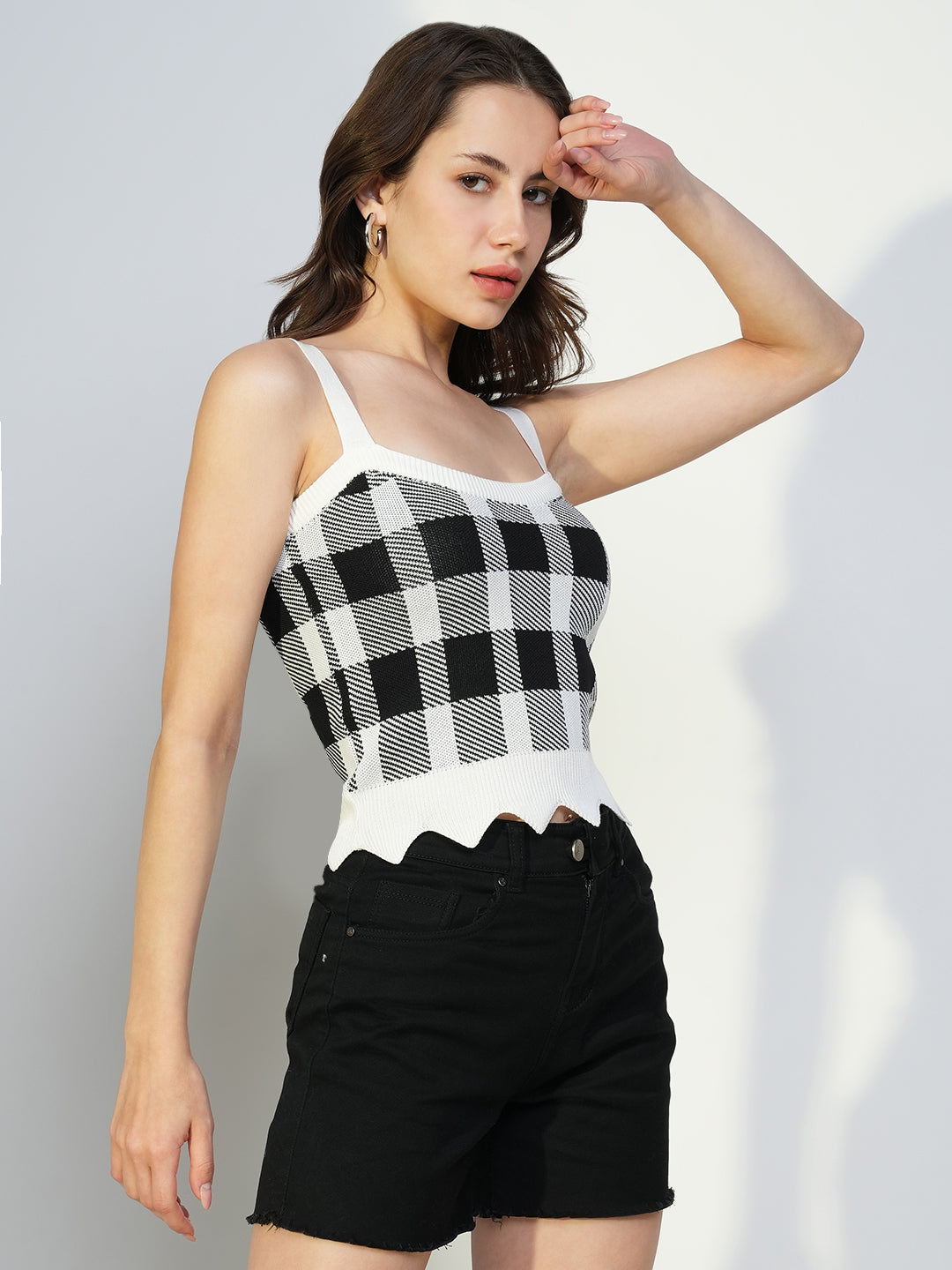 Women Black Checked Crop Top