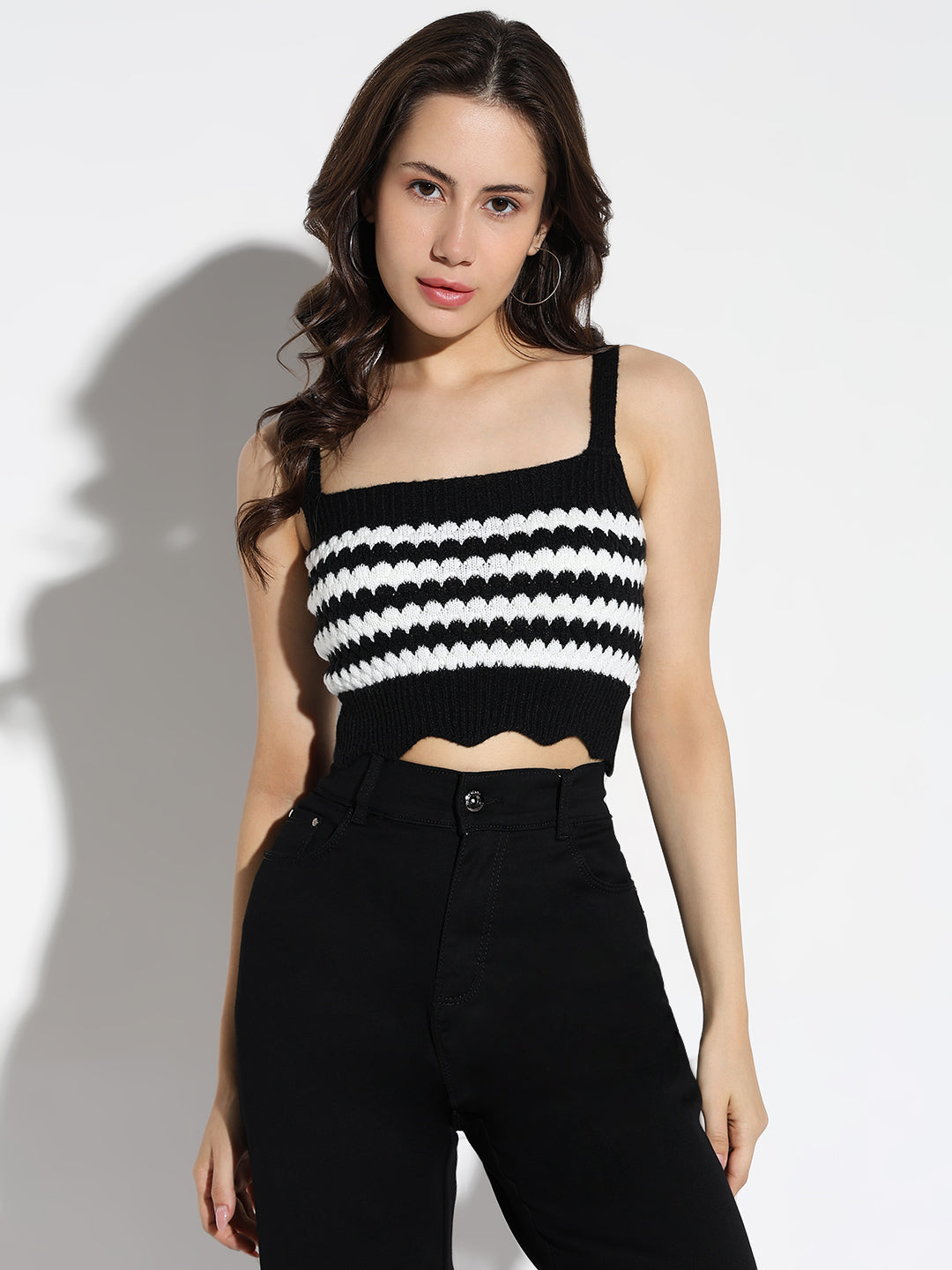 Women Black Striped Fitted Crop Top