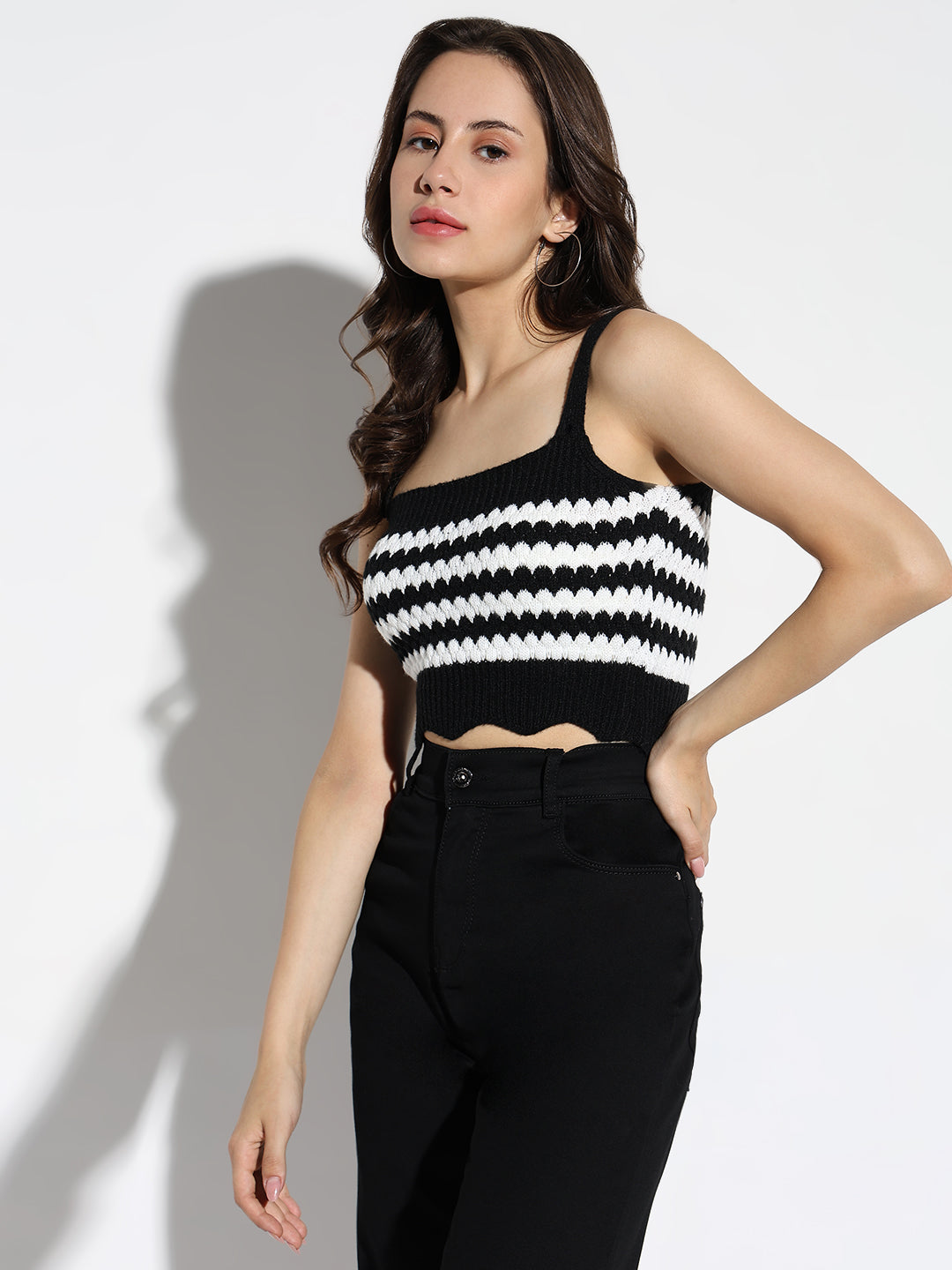 Women Black Striped Fitted Crop Top