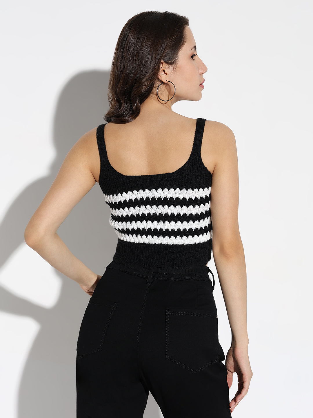 Women Black Striped Fitted Crop Top