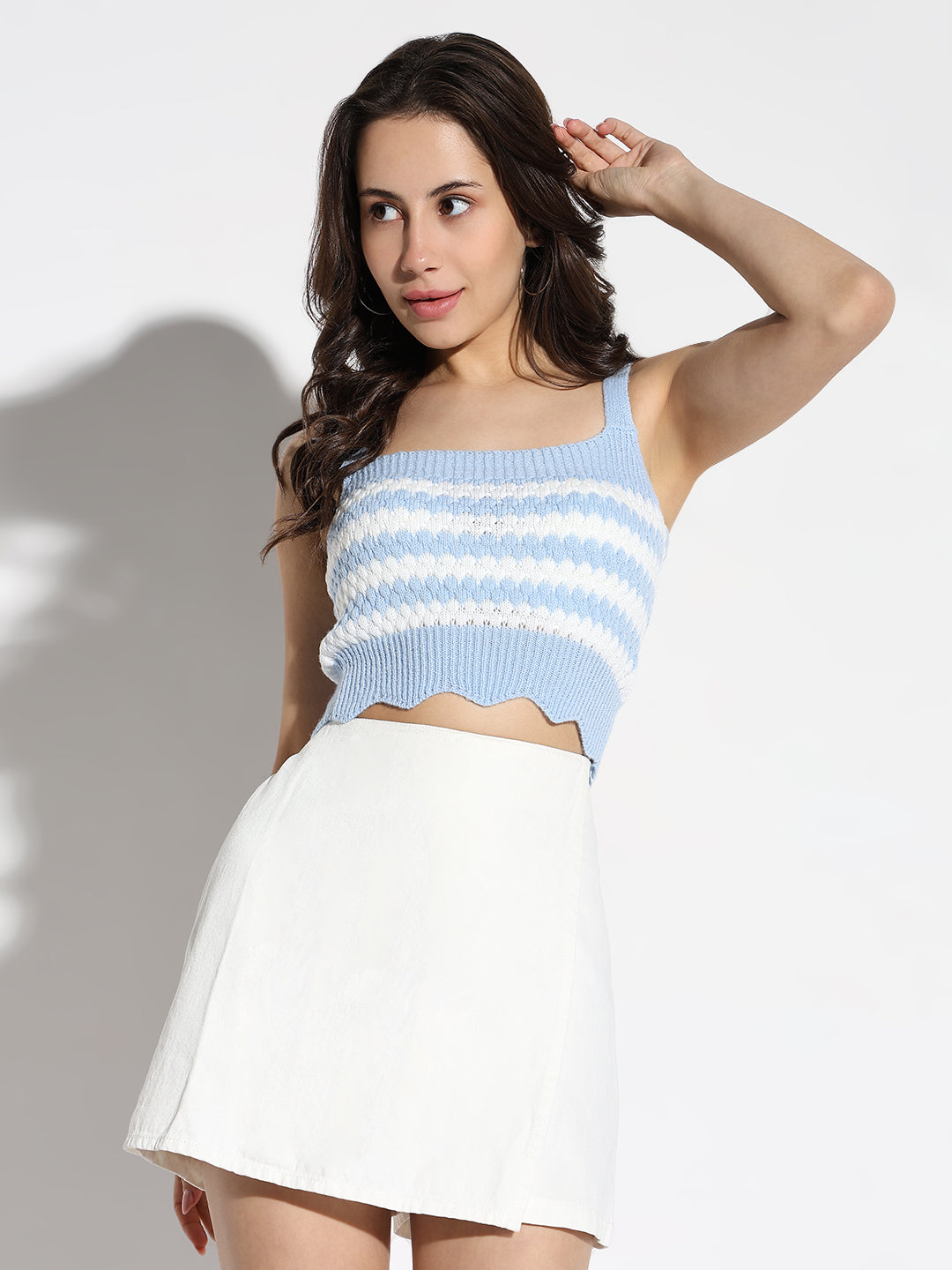 Women Blue Striped Fitted Crop Top