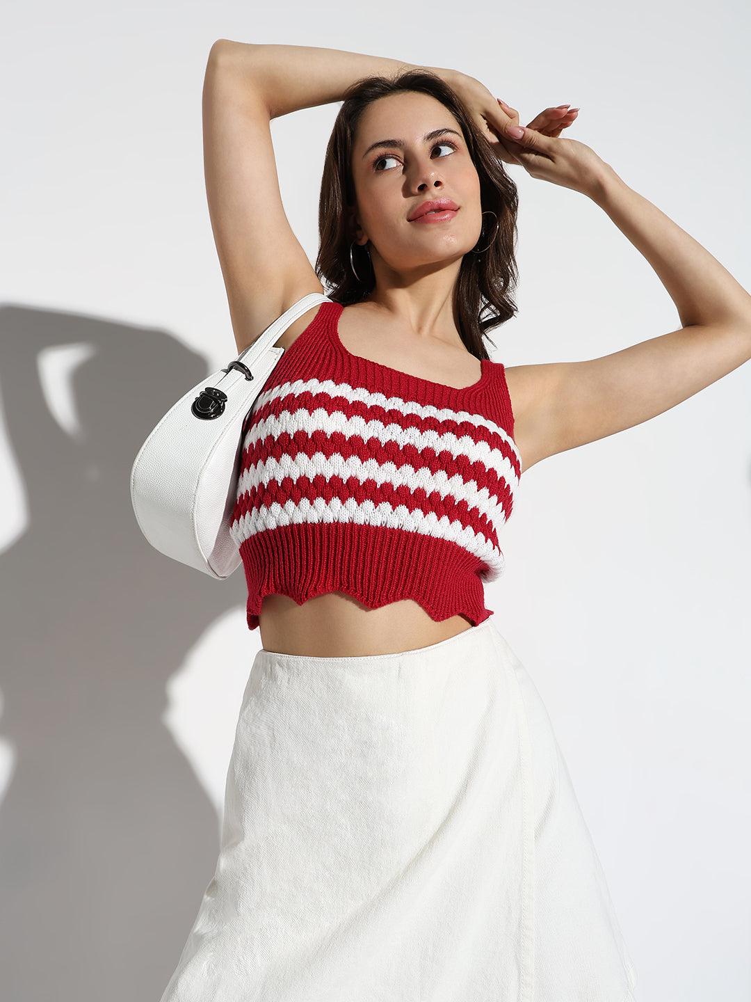 Women Red Striped Fitted Crop Top