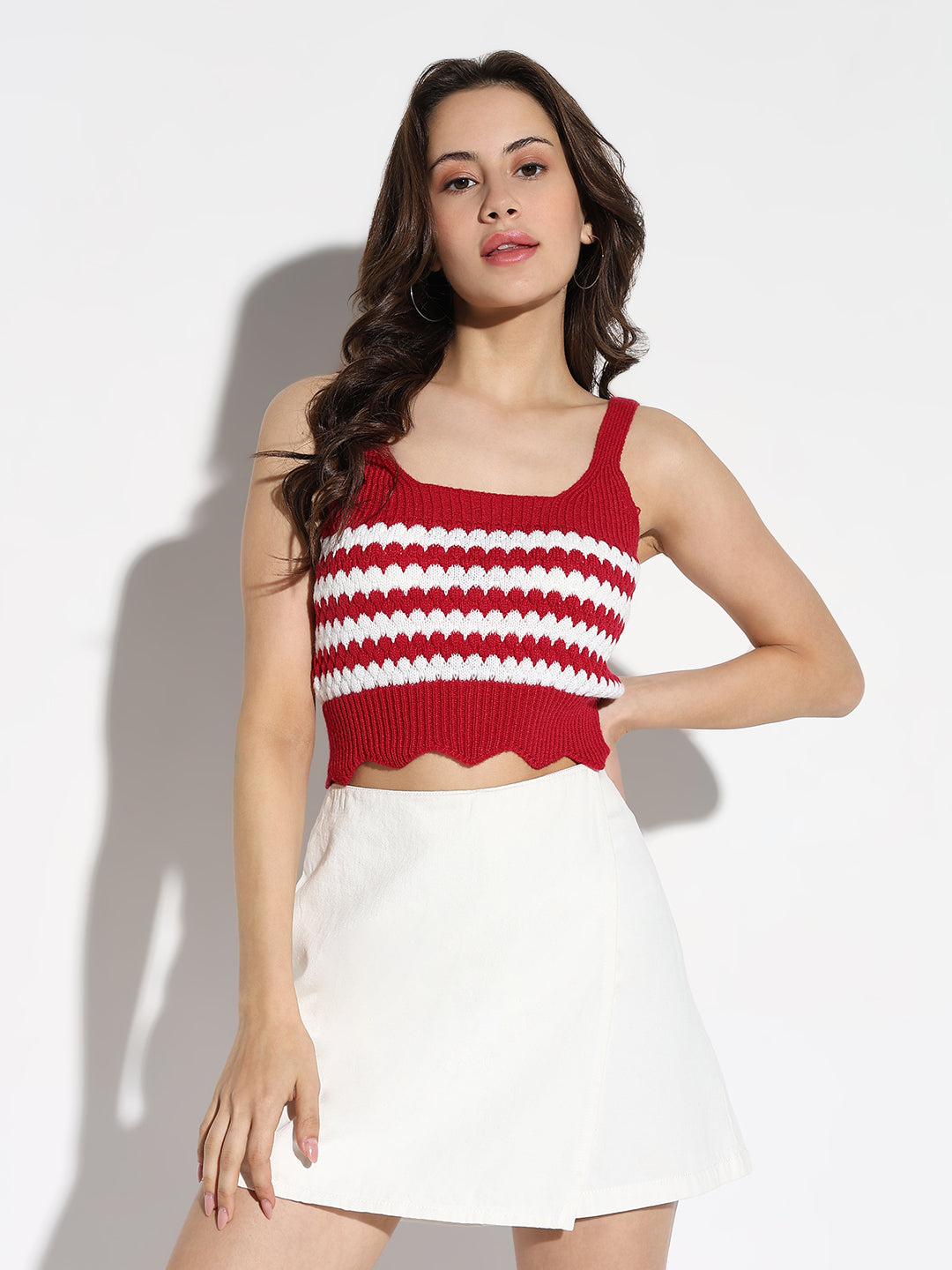 Women Red Striped Fitted Crop Top