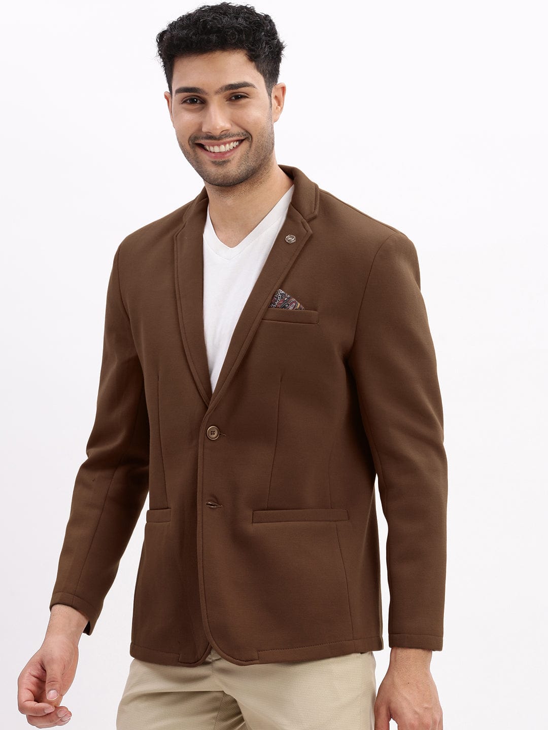 Men's Brown Single-Breasted Slim Fit Blazer with Notch Lapel