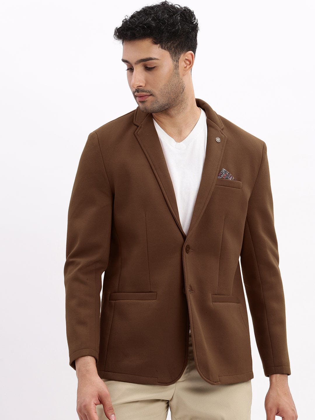 Men's Brown Single-Breasted Slim Fit Blazer with Notch Lapel