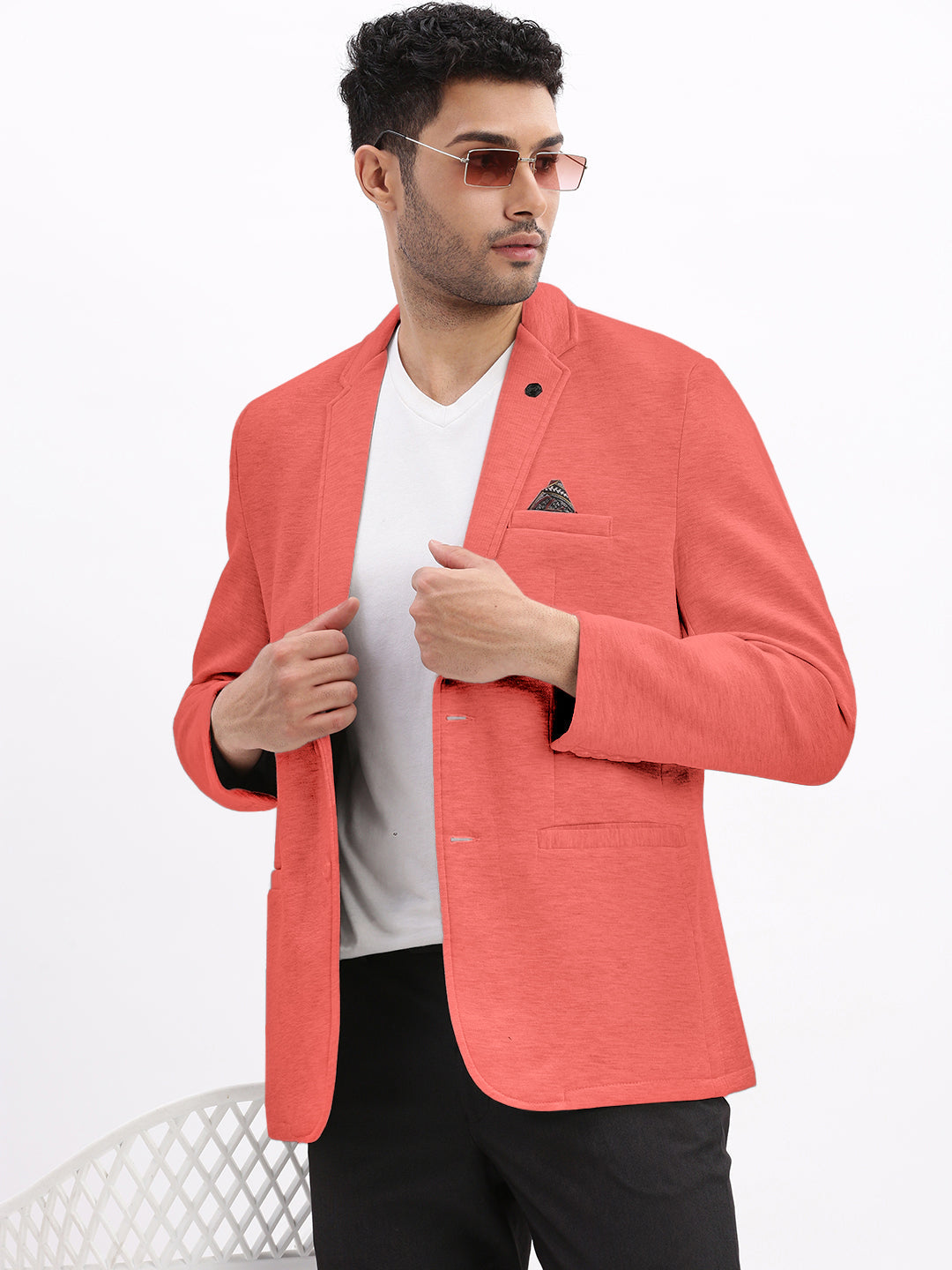 Men's Coral Single-Breasted Slim Fit Blazer with Notched Lapel