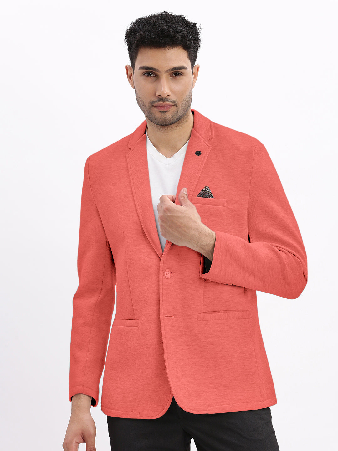 Men's Coral Single-Breasted Slim Fit Blazer with Notched Lapel