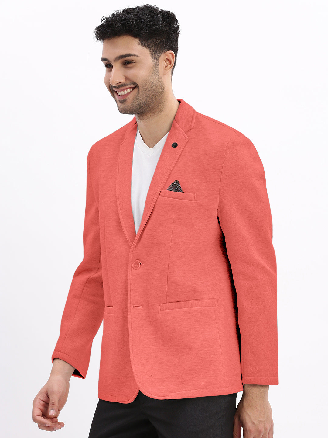 Men's Coral Single-Breasted Slim Fit Blazer with Notched Lapel