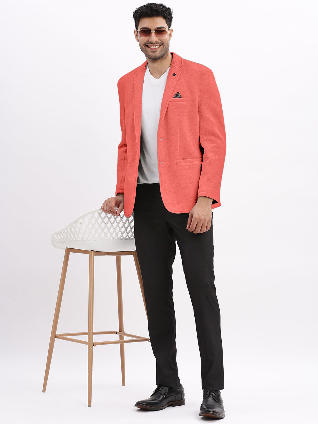 Men's Coral Single-Breasted Slim Fit Blazer with Notched Lapel