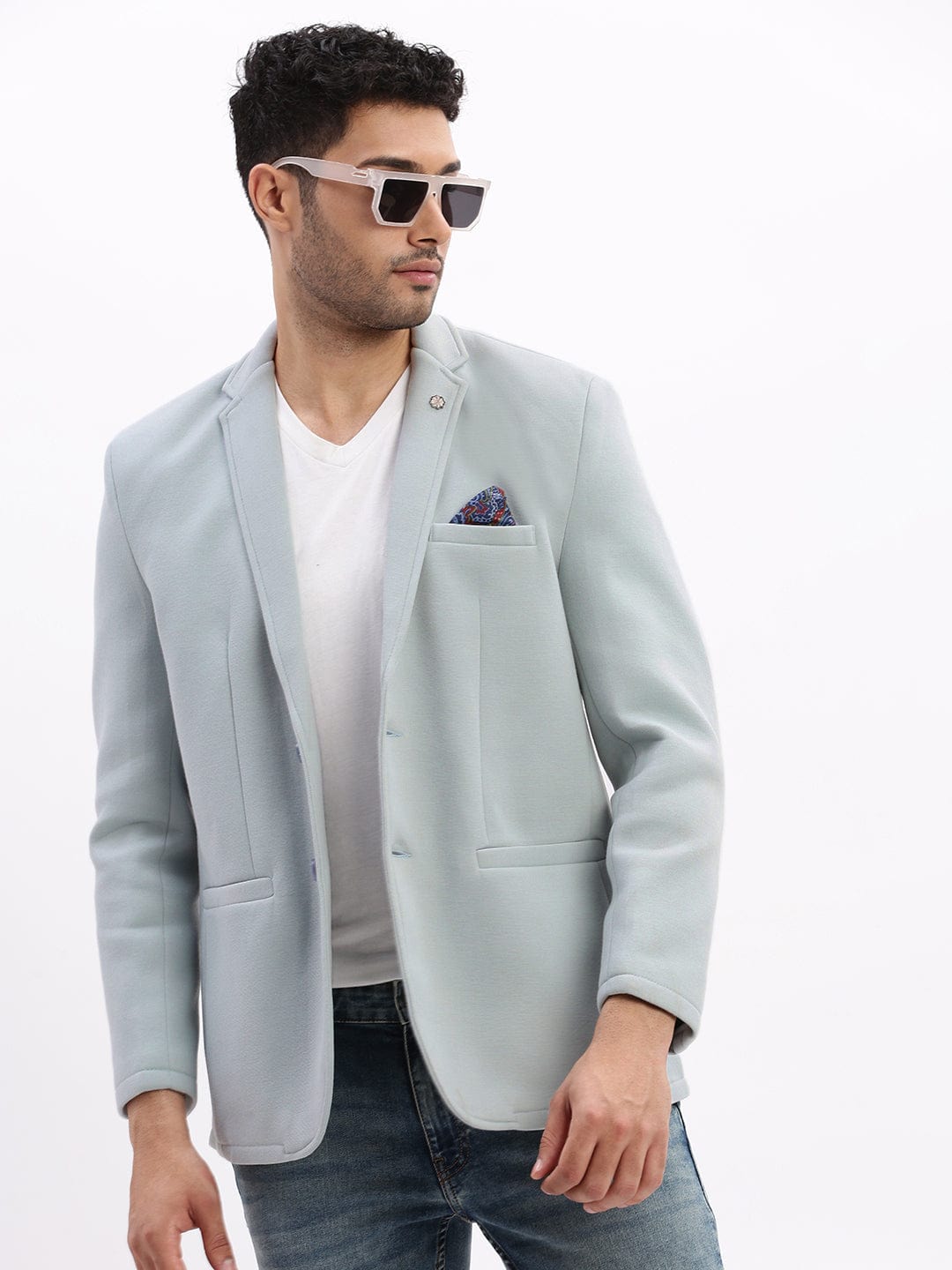 Men's Light Blue Single-Breasted Slim Fit Blazer with Notch Lapel