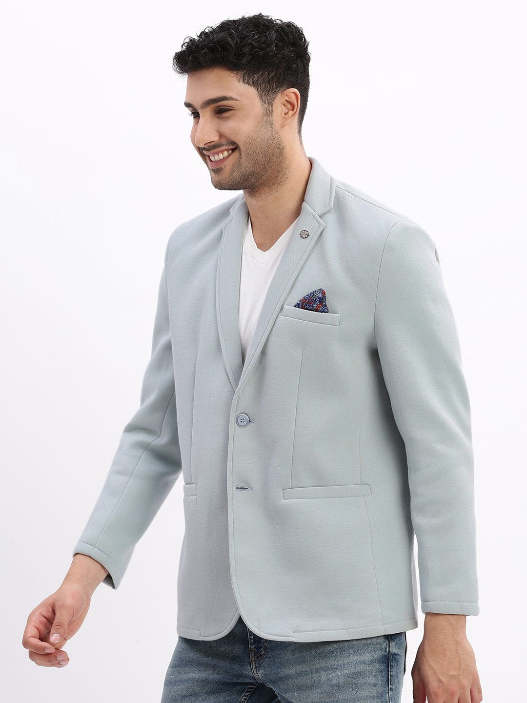 Men's Light Blue Single-Breasted Slim Fit Blazer with Notch Lapel