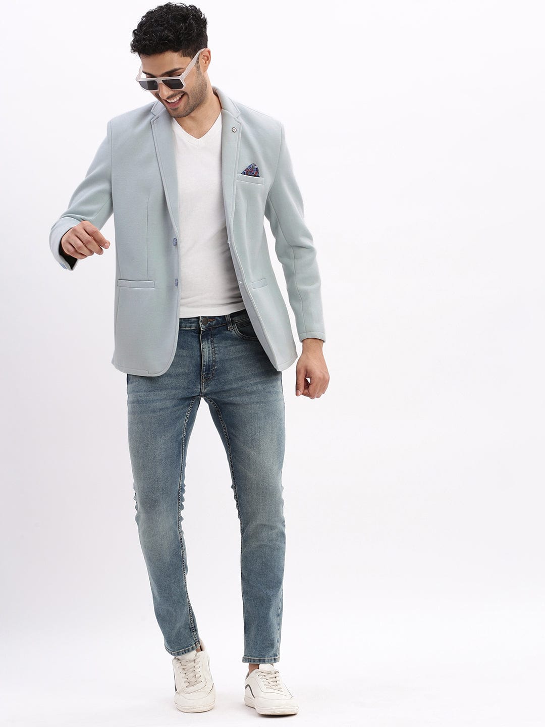 Men's Light Blue Single-Breasted Slim Fit Blazer with Notch Lapel