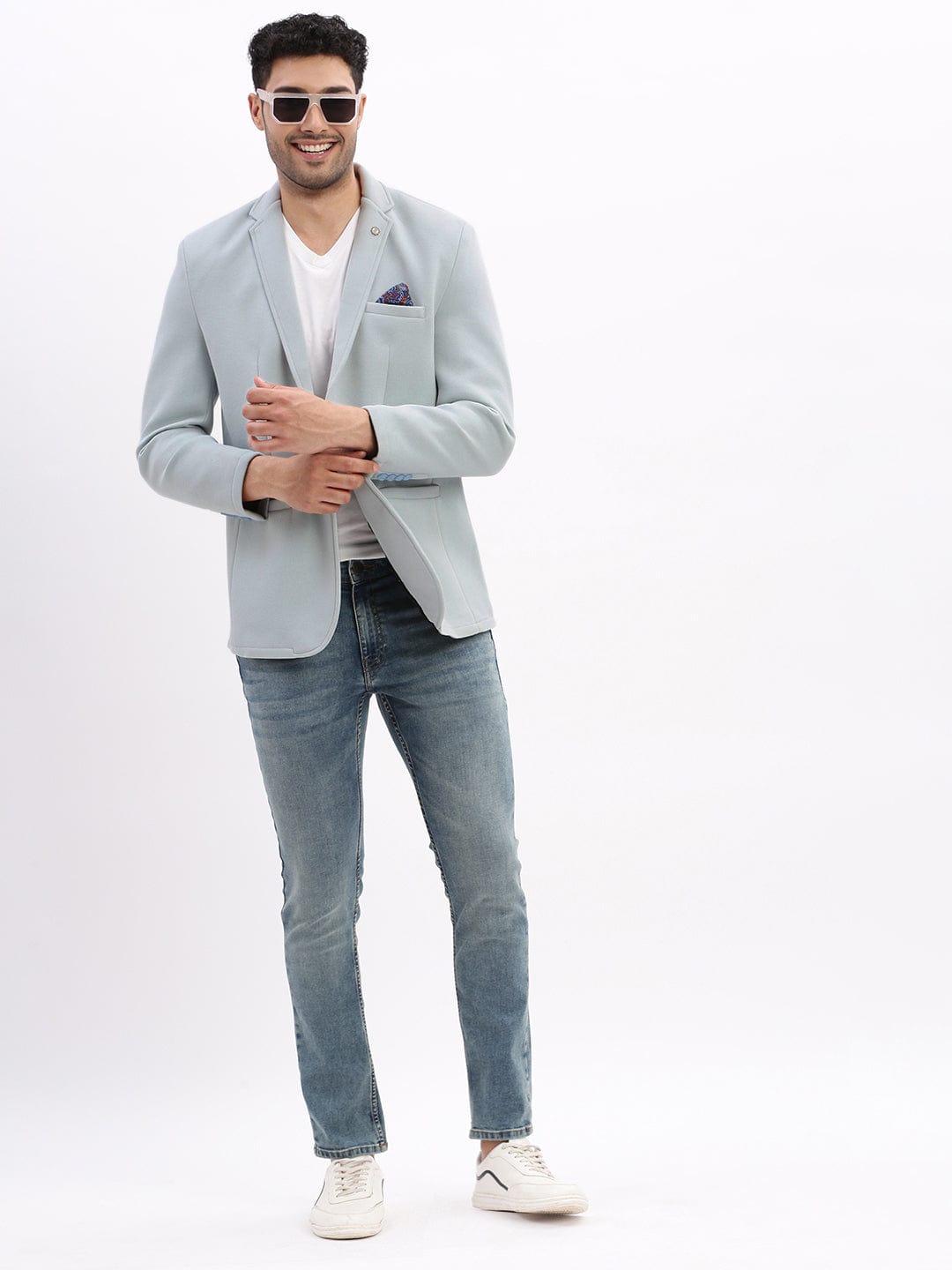 Men's Light Blue Single-Breasted Slim Fit Blazer with Notch Lapel