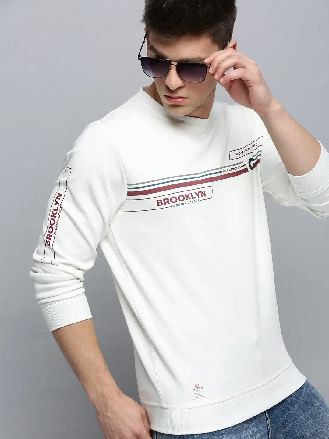 Men's Round Neck Printed White Pullover