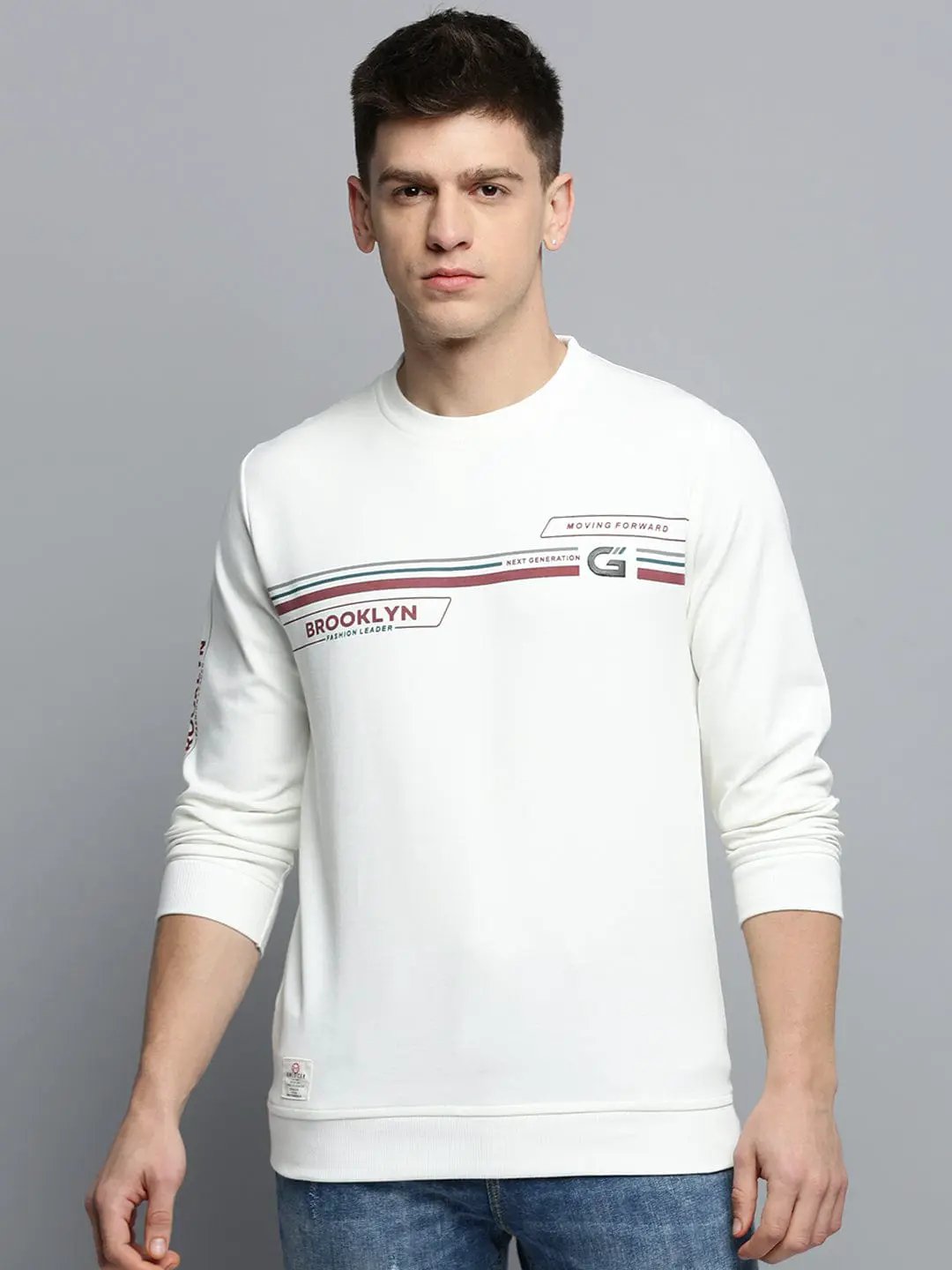 Men's Round Neck Printed White Pullover