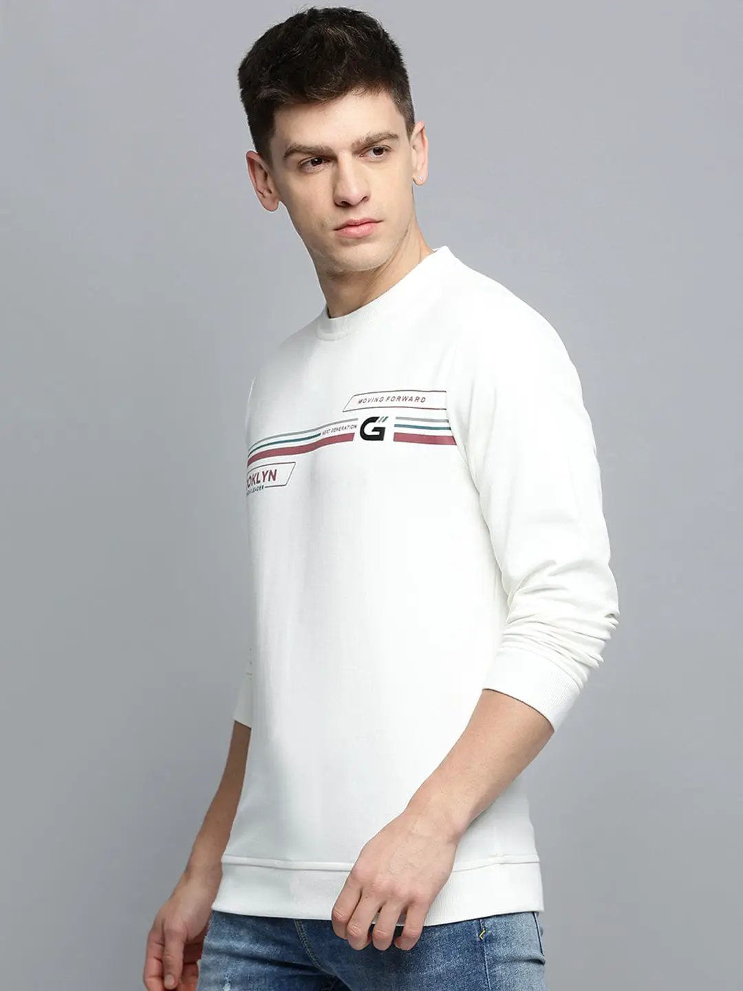 Men's Round Neck Printed White Pullover