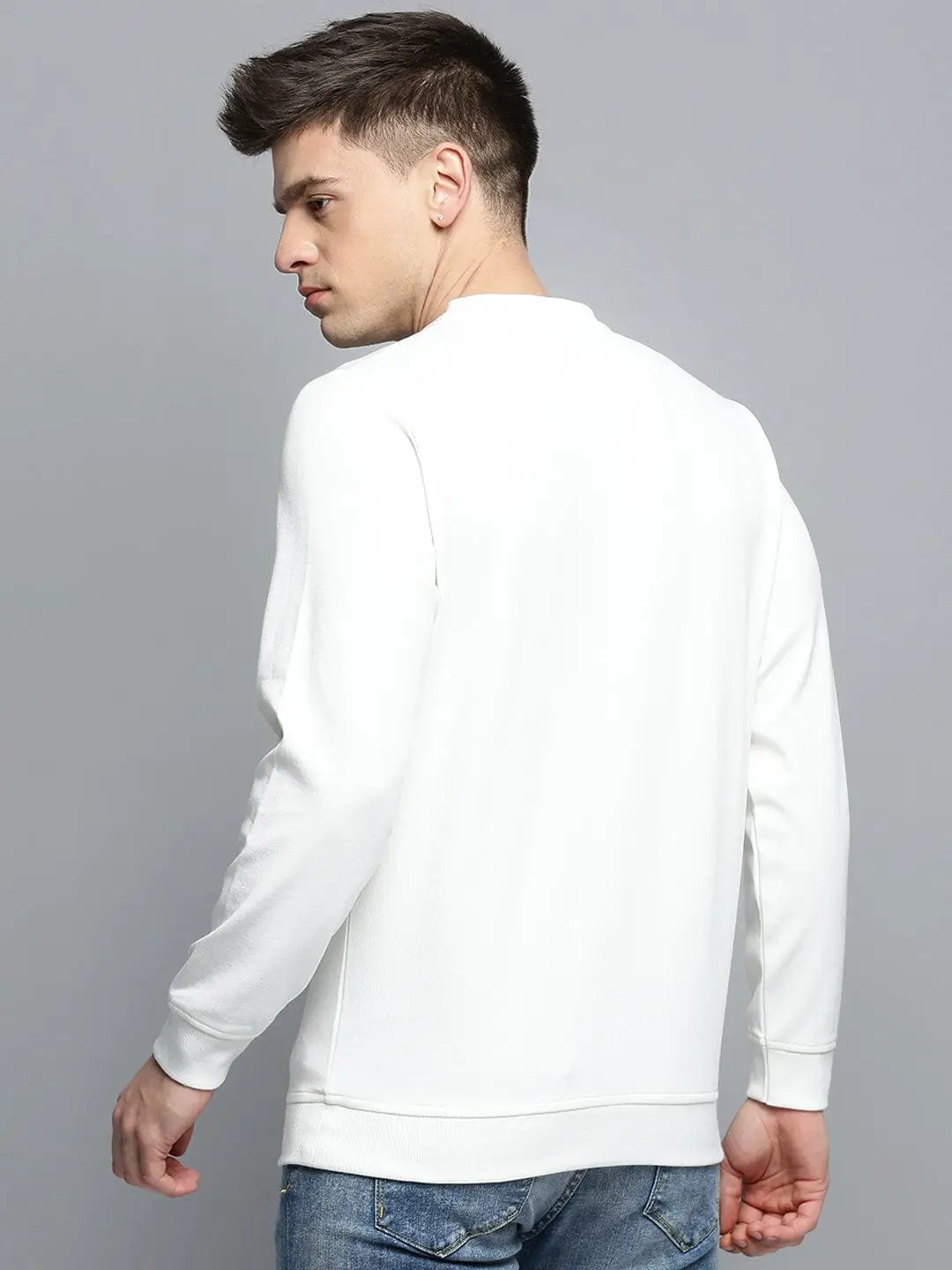 Men's Round Neck Printed White Pullover