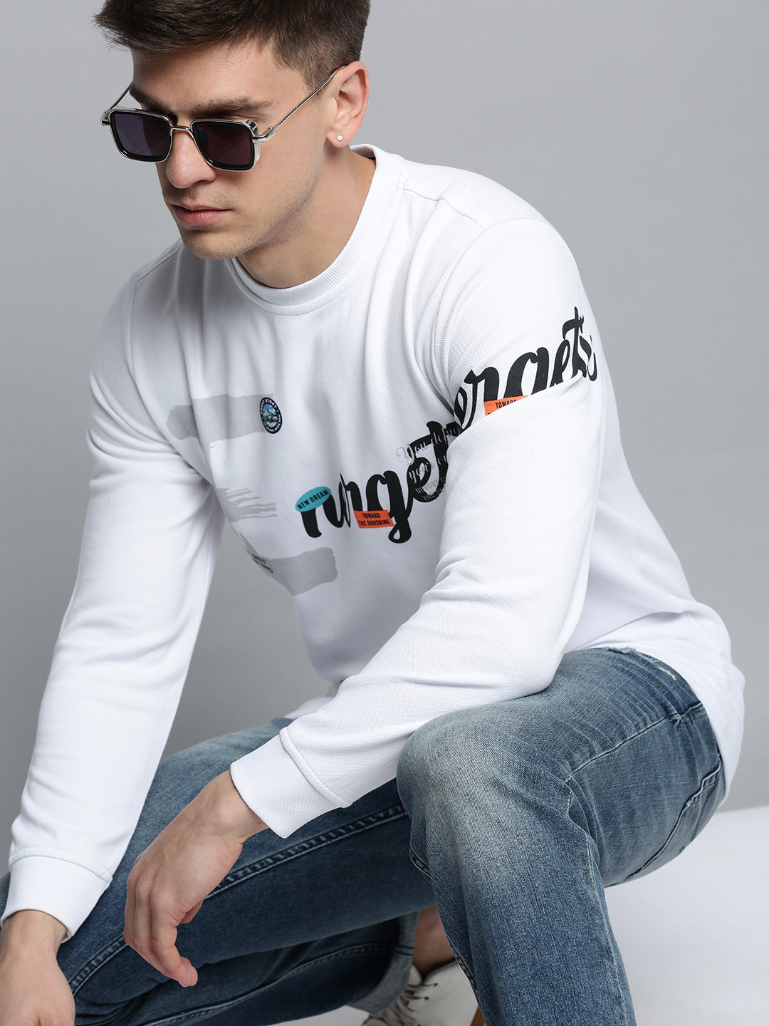 Men Round Neck Printed White Pullover