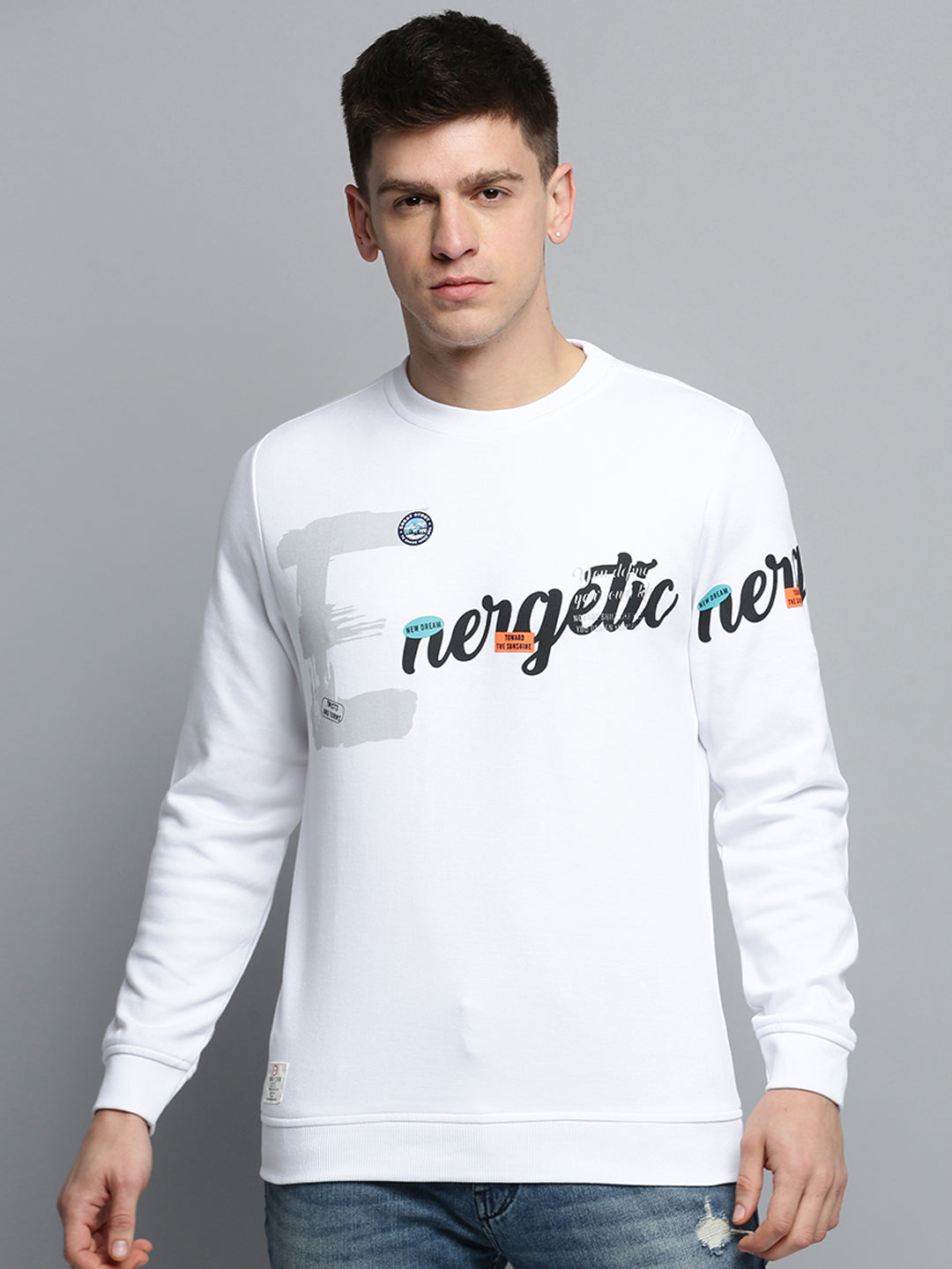 Men Round Neck Printed White Pullover