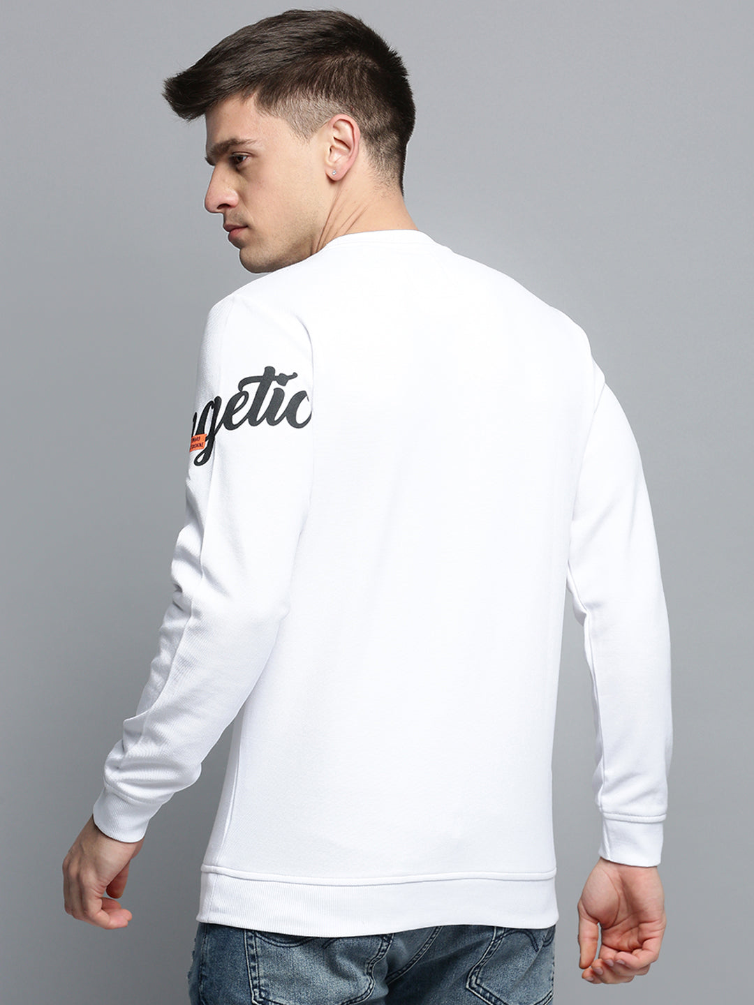 Men Round Neck Printed White Pullover