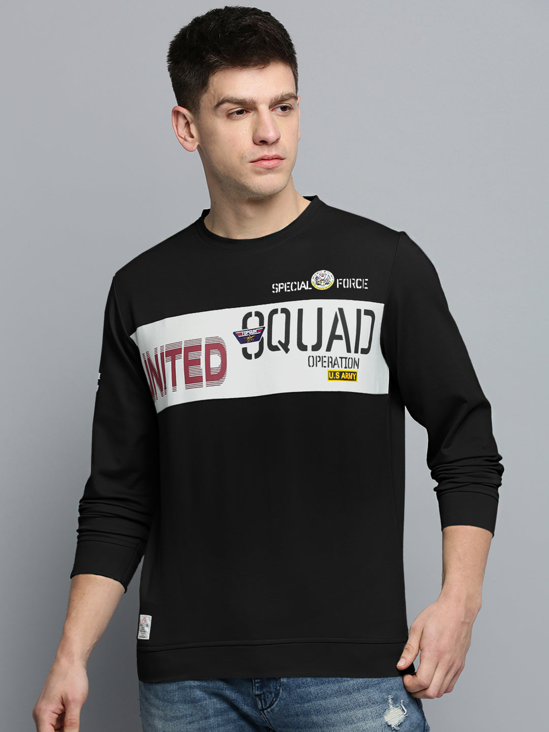 Men's Typography Black Round Neck Ribbed Sweatshirt