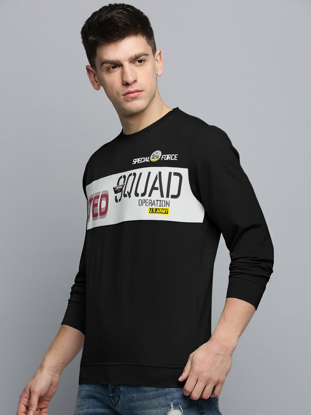 Men's Typography Black Round Neck Ribbed Sweatshirt