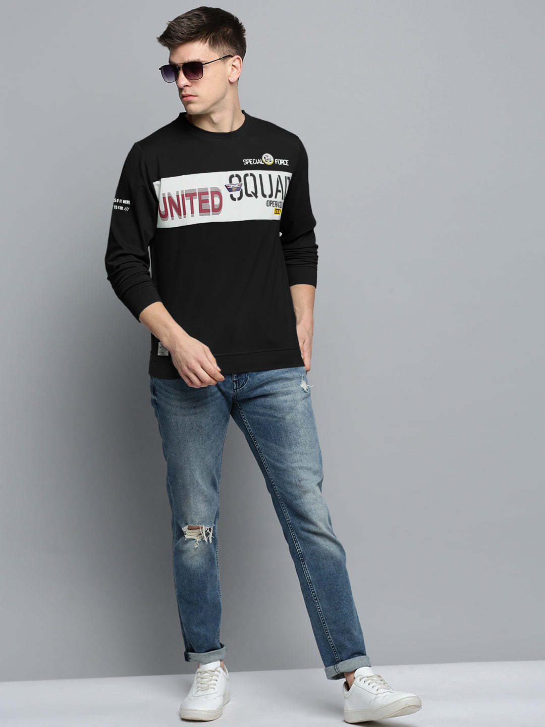 Men's Typography Black Round Neck Ribbed Sweatshirt