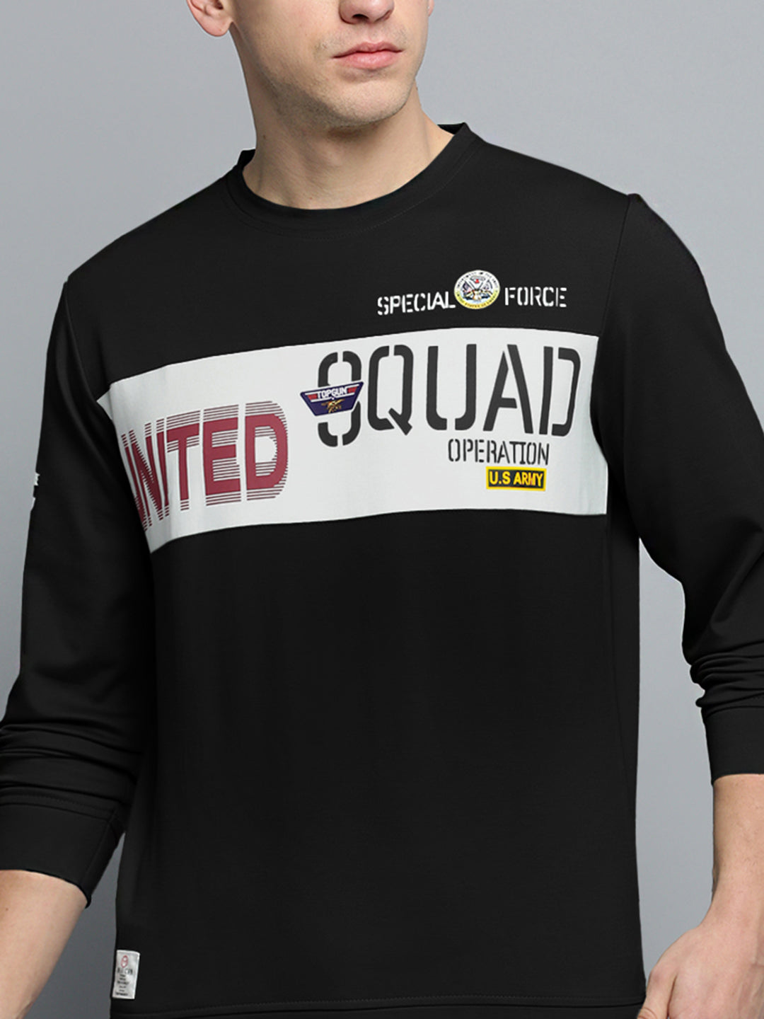 Men's Typography Black Round Neck Ribbed Sweatshirt