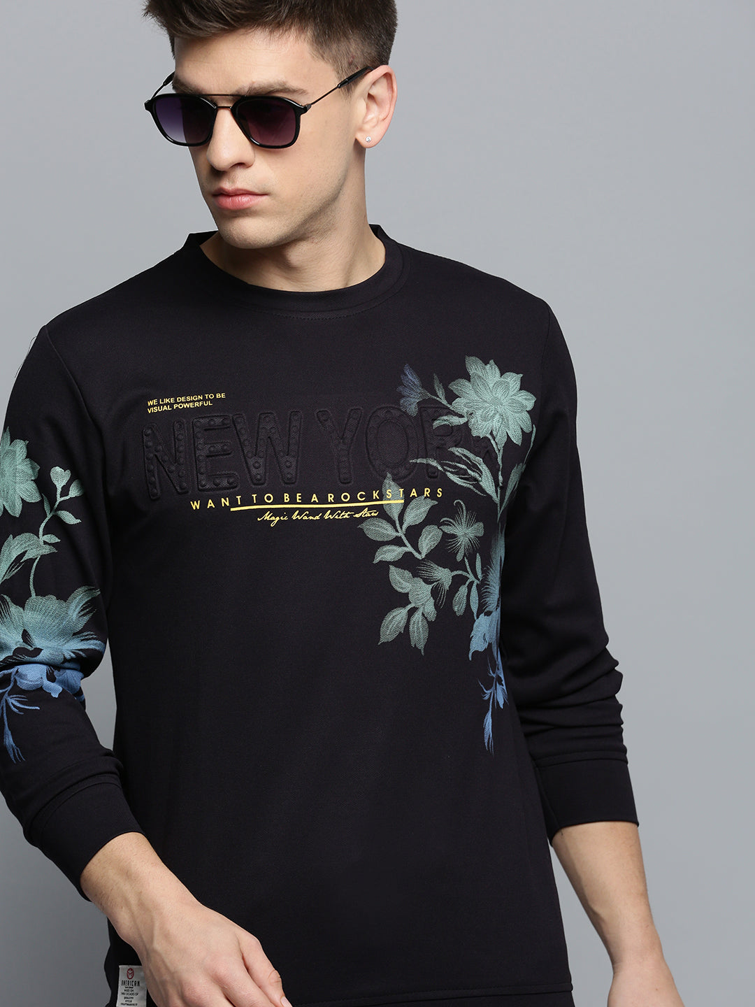 Men Round Neck Printed Black Pullover