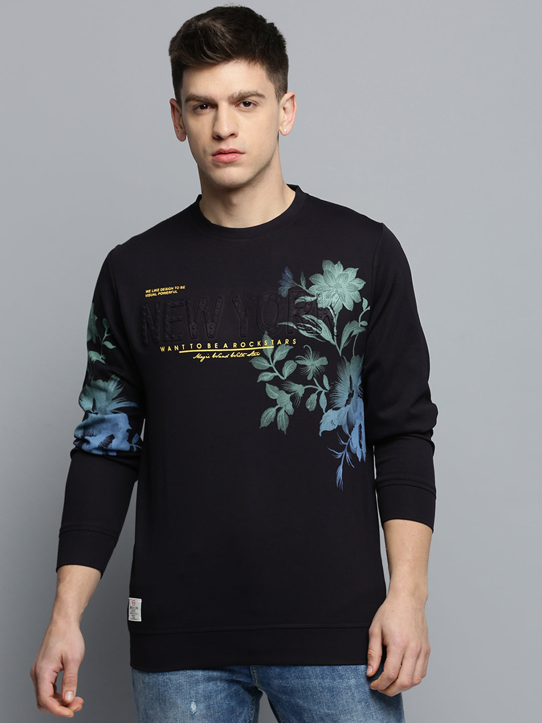 Men Round Neck Printed Black Pullover