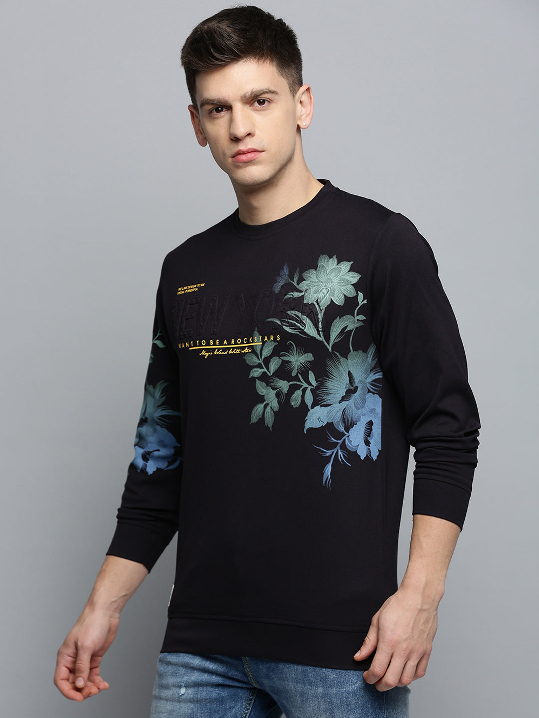 Men Round Neck Printed Black Pullover