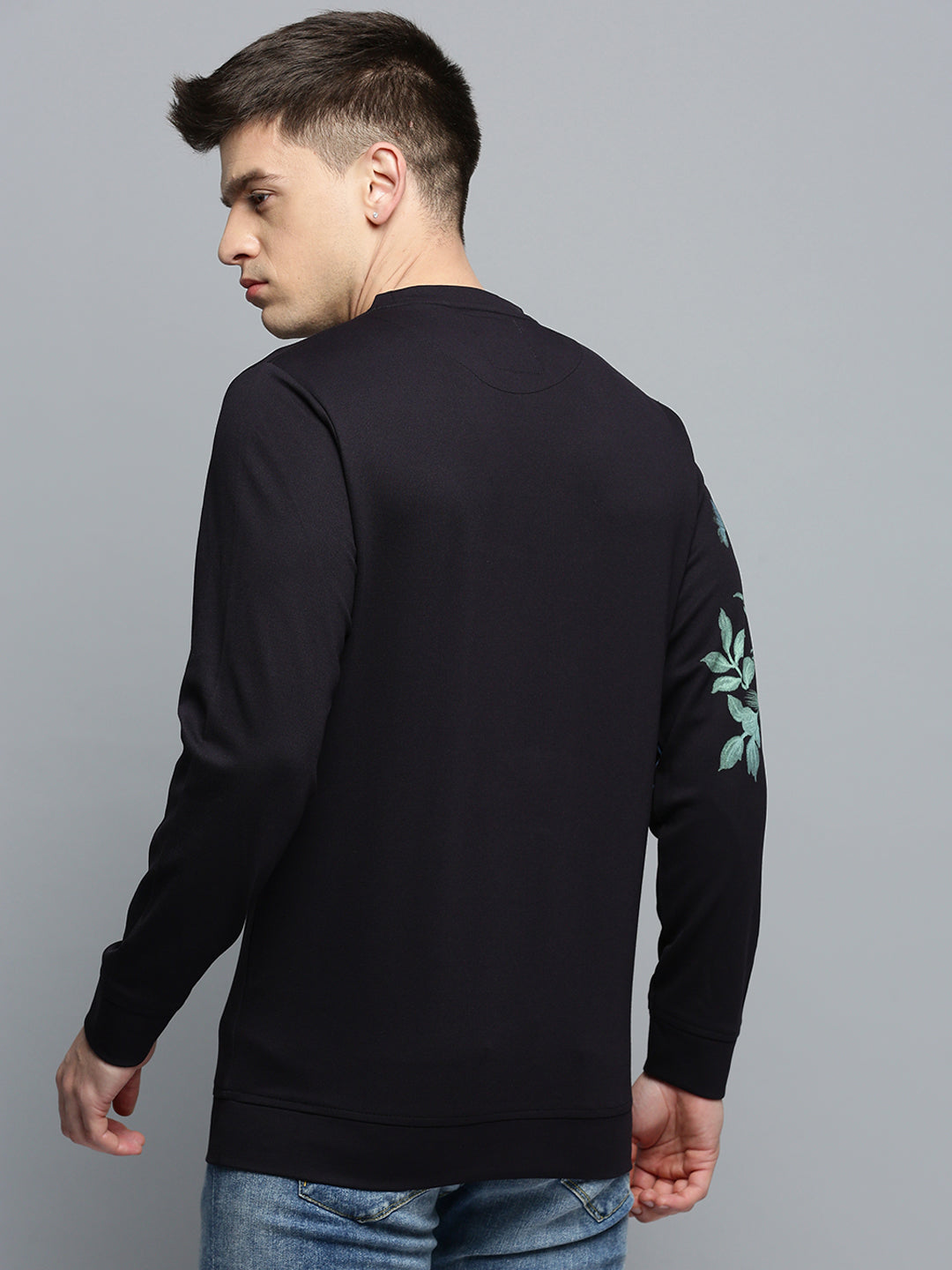 Men Round Neck Printed Black Pullover