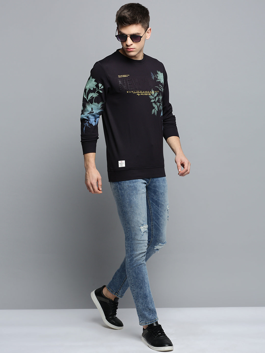 Men Round Neck Printed Black Pullover