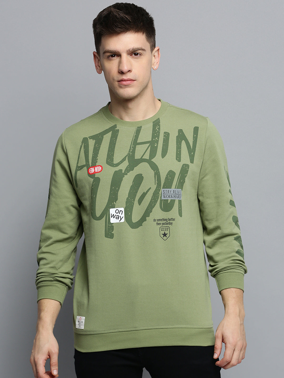 Men Round Neck Printed Green Pullover