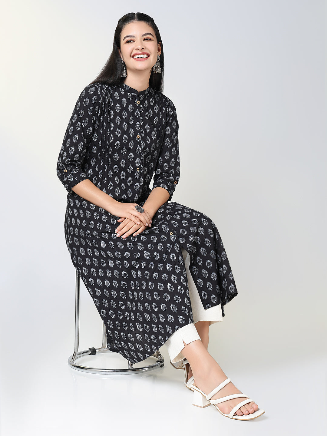 Women Black Ethnic Motifs A Line Kurta