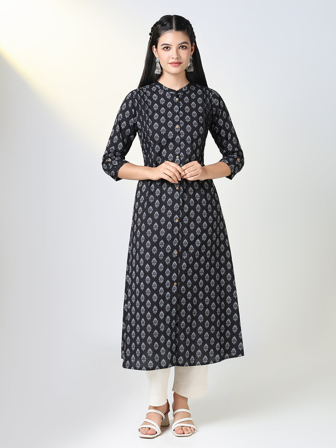 Women Black Ethnic Motifs A Line Kurta