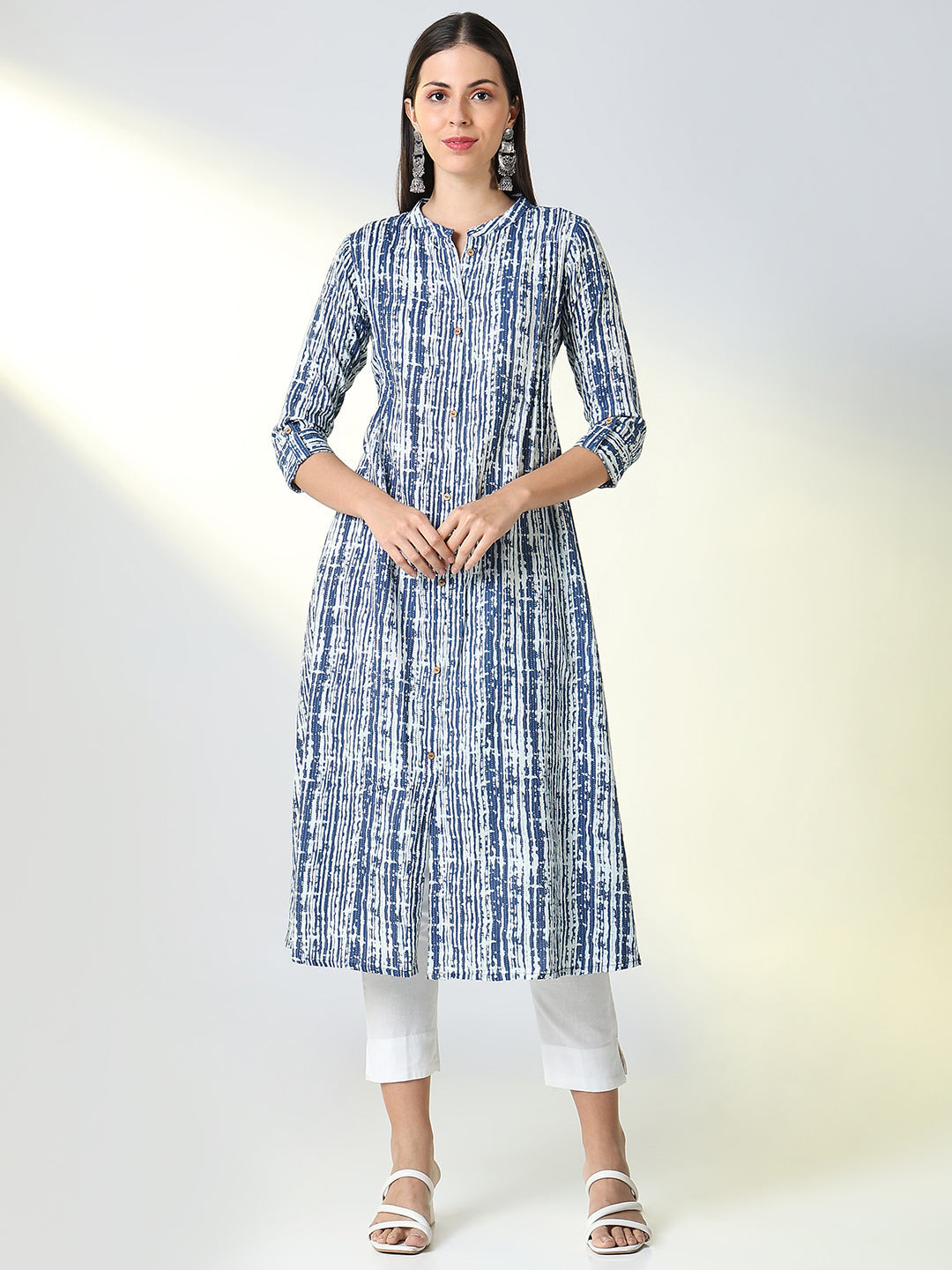 Women Blue Striped A Line Kurta