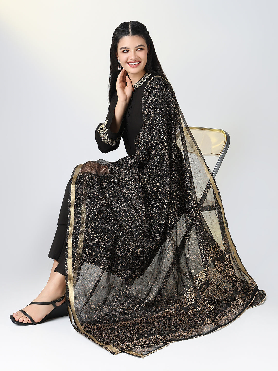 Women Black Solid A Line Kurta Set with Dupatta