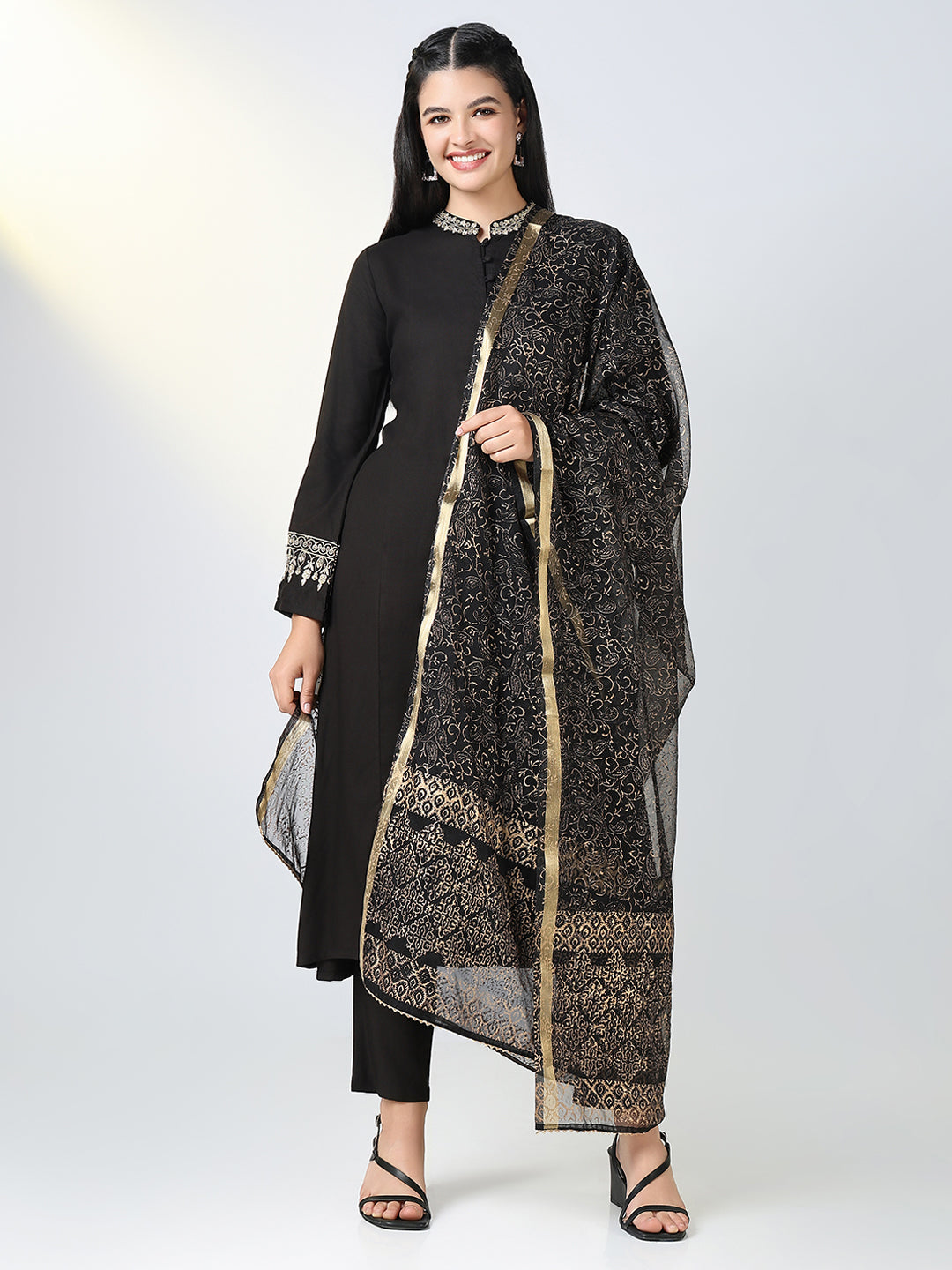 Women Black Solid A Line Kurta Set with Dupatta