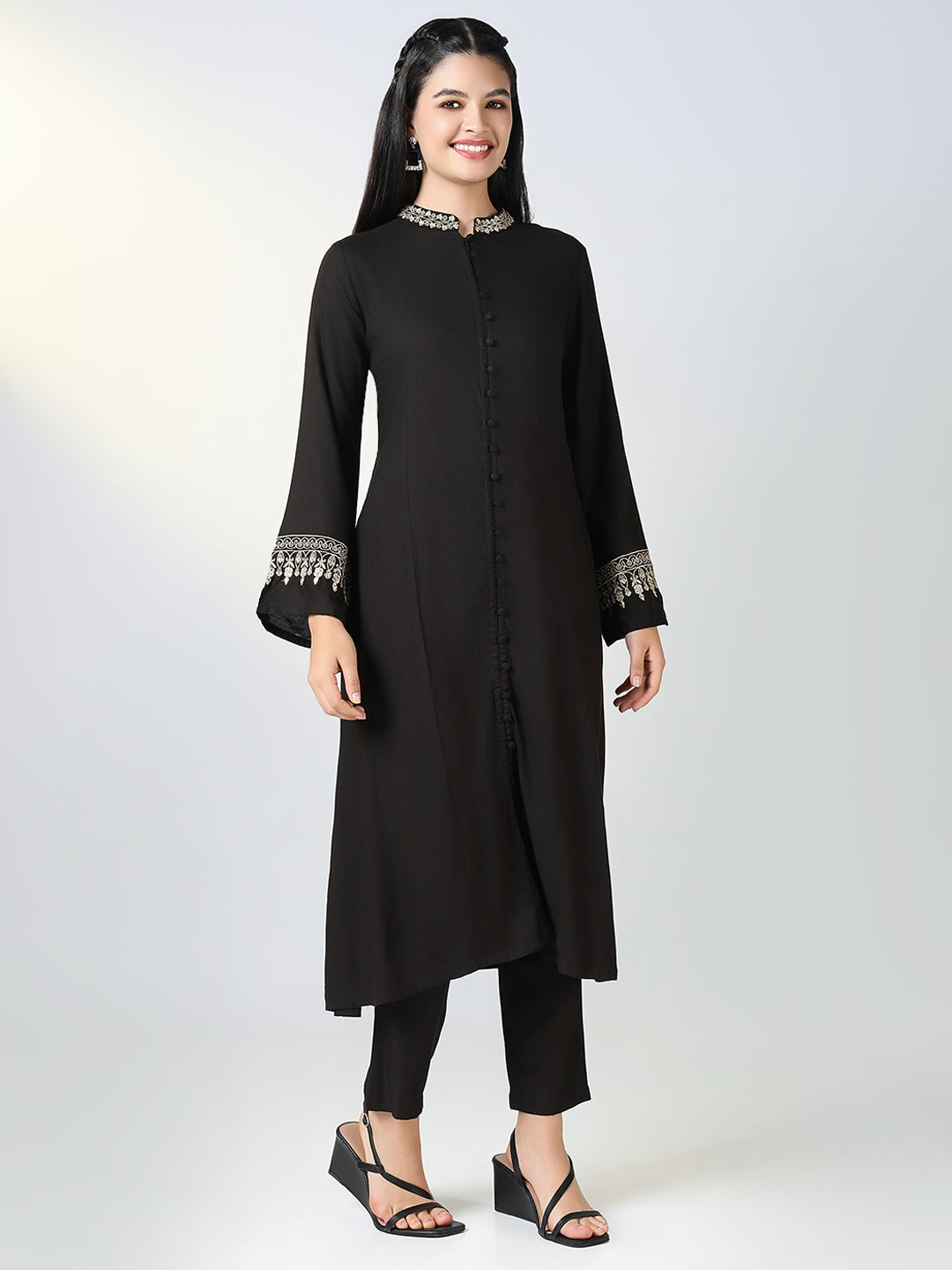 Women Black Solid A Line Kurta Set with Dupatta