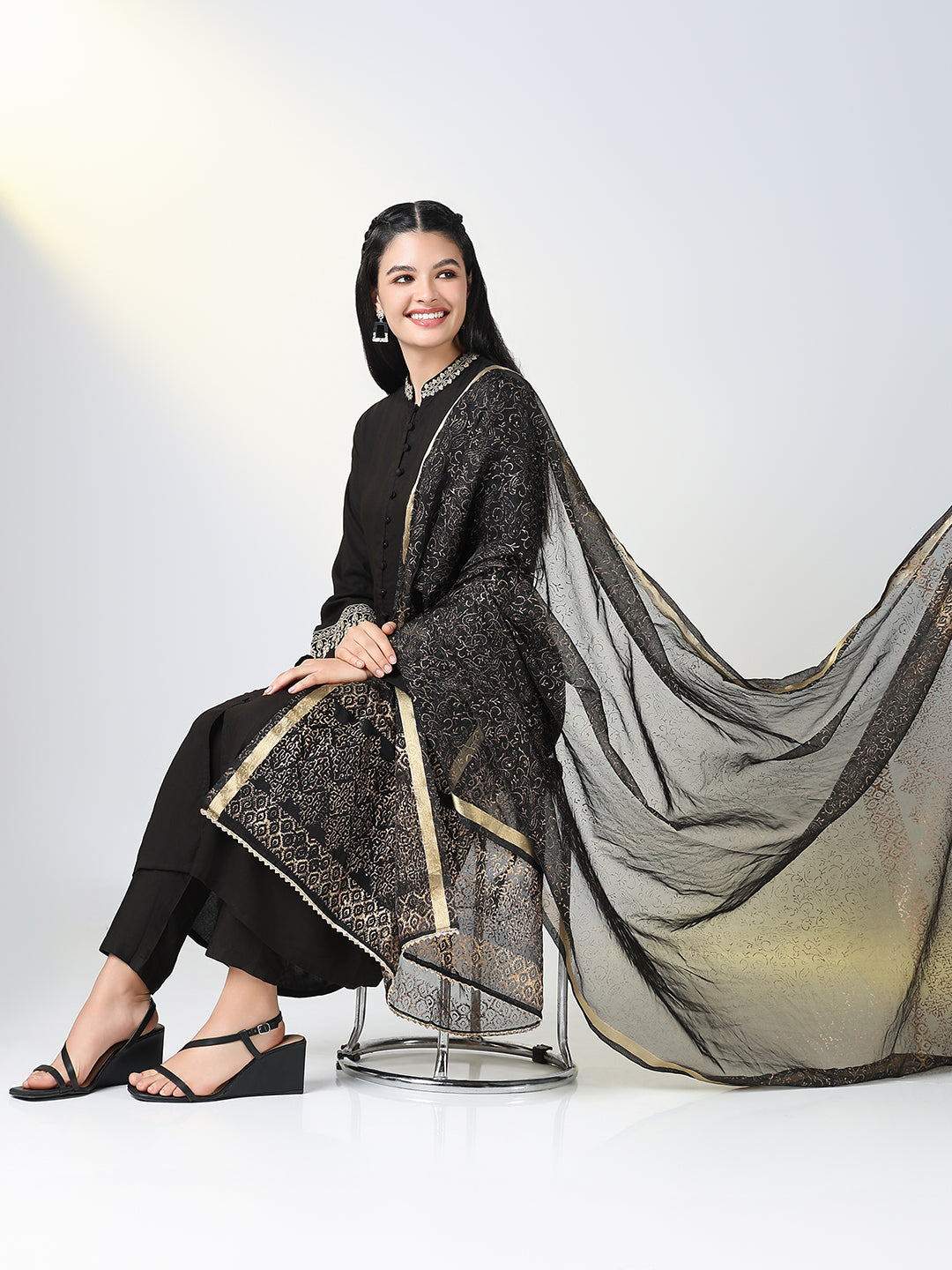 Women Black Solid A Line Kurta Set with Dupatta