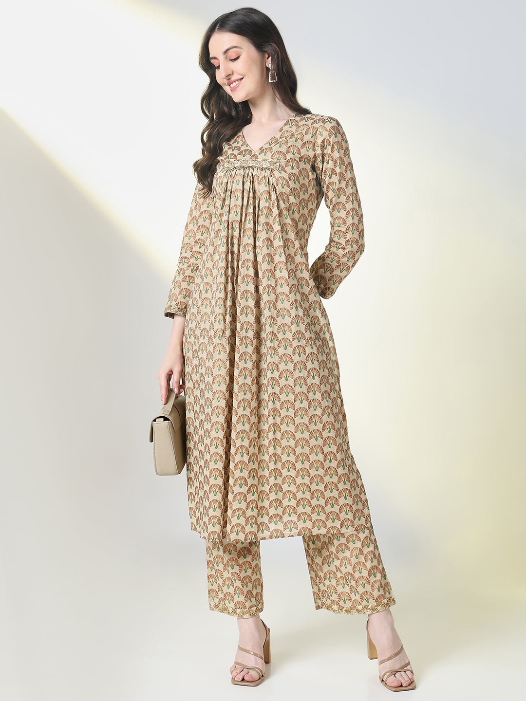 Women Beige Floral A Line Kurta Set