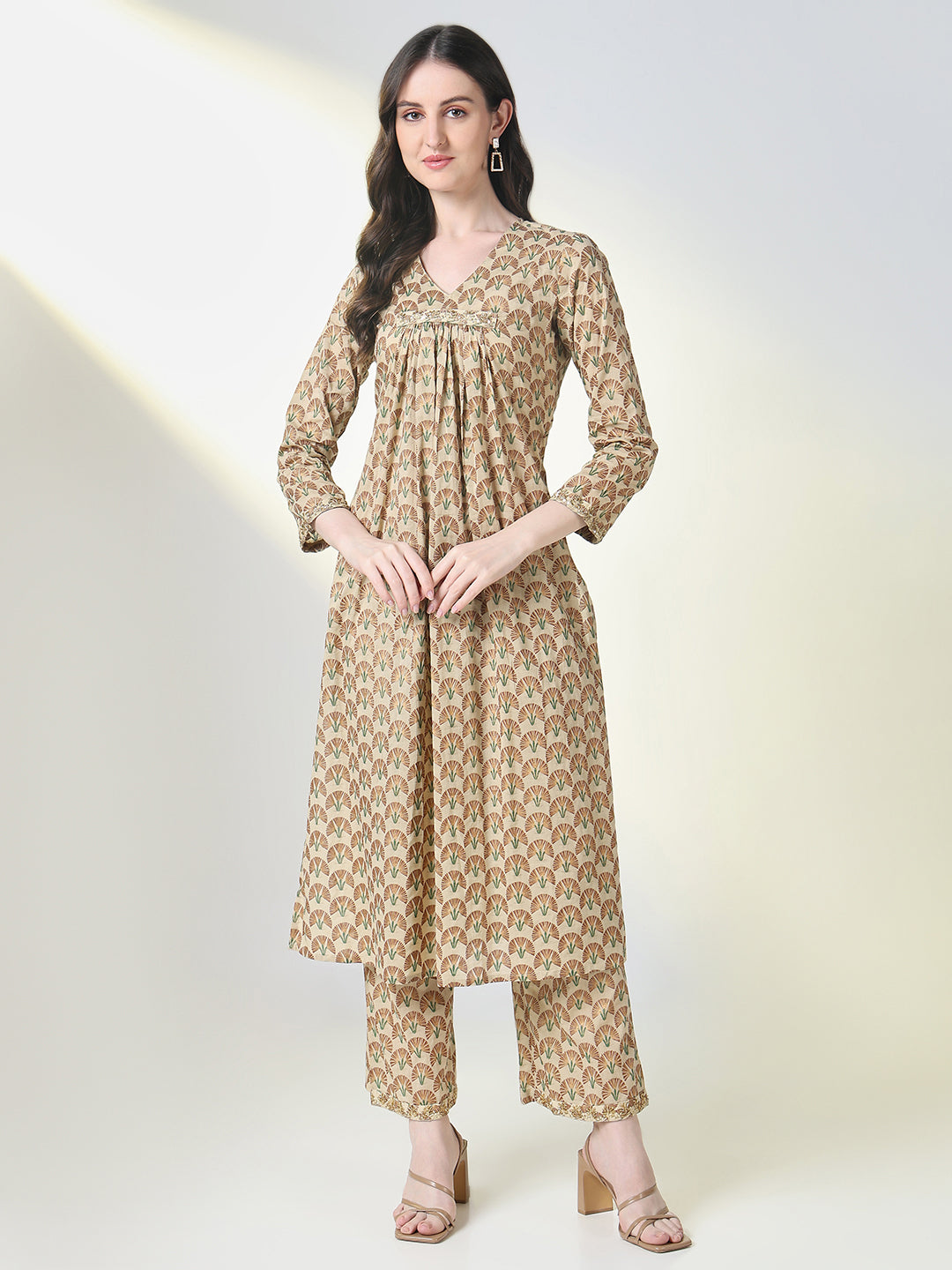 Women Beige Floral A Line Kurta Set